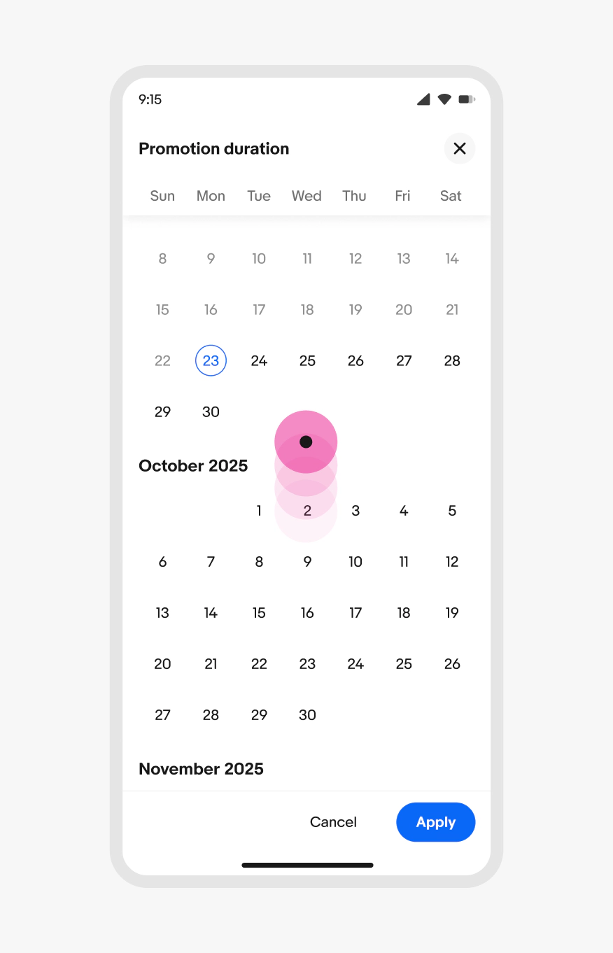 A full screen dialog picker with a swiping indicator from bottom to top.