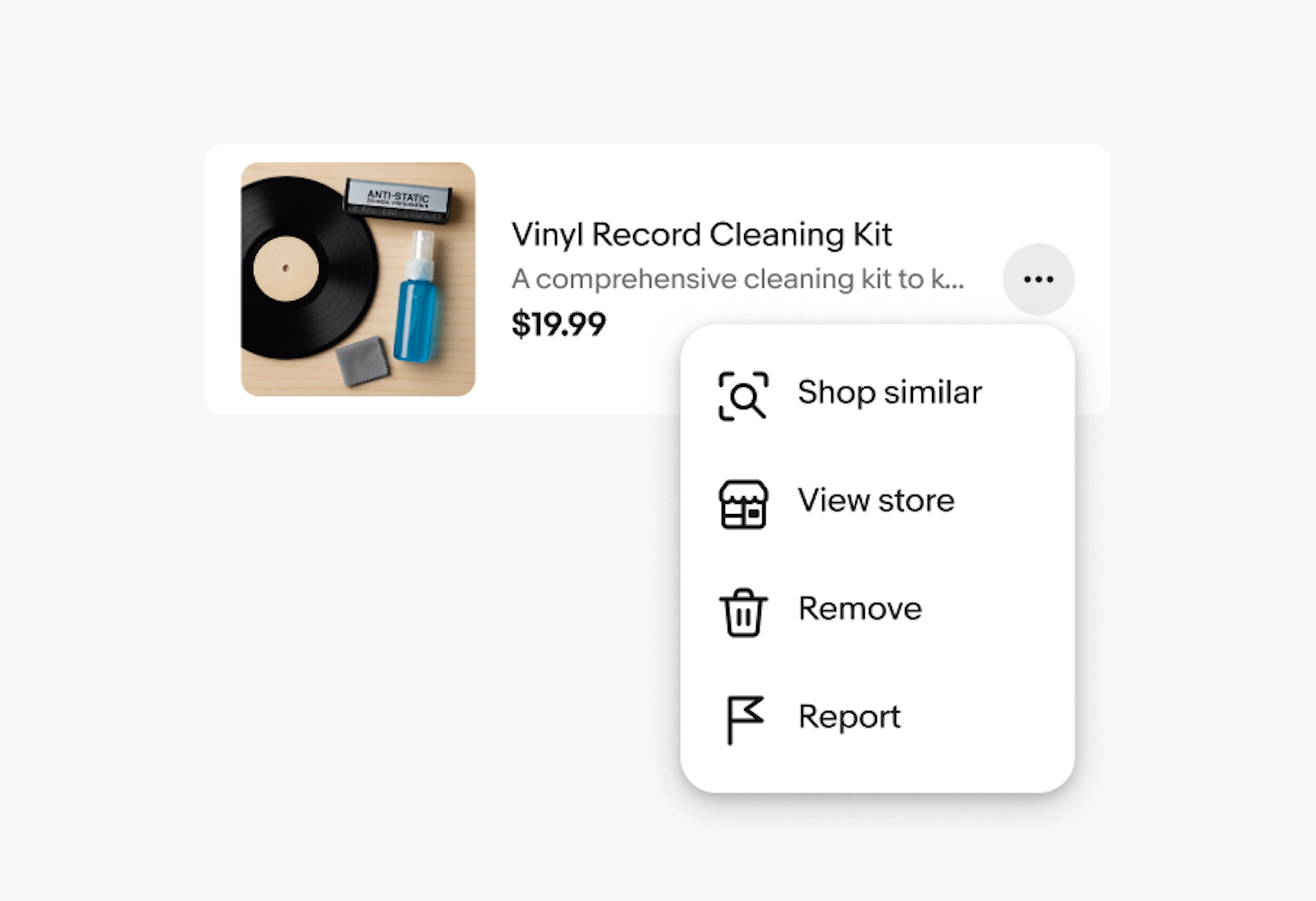 A menu opened from an overflow button on an item card with the action list including Shop similar, View store, Remove, Report