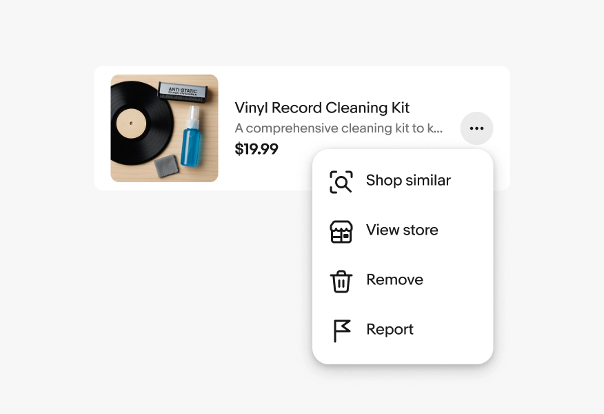 A menu opened from an overflow button on an item card with the action list including Shop similar, View store, Remove, Report