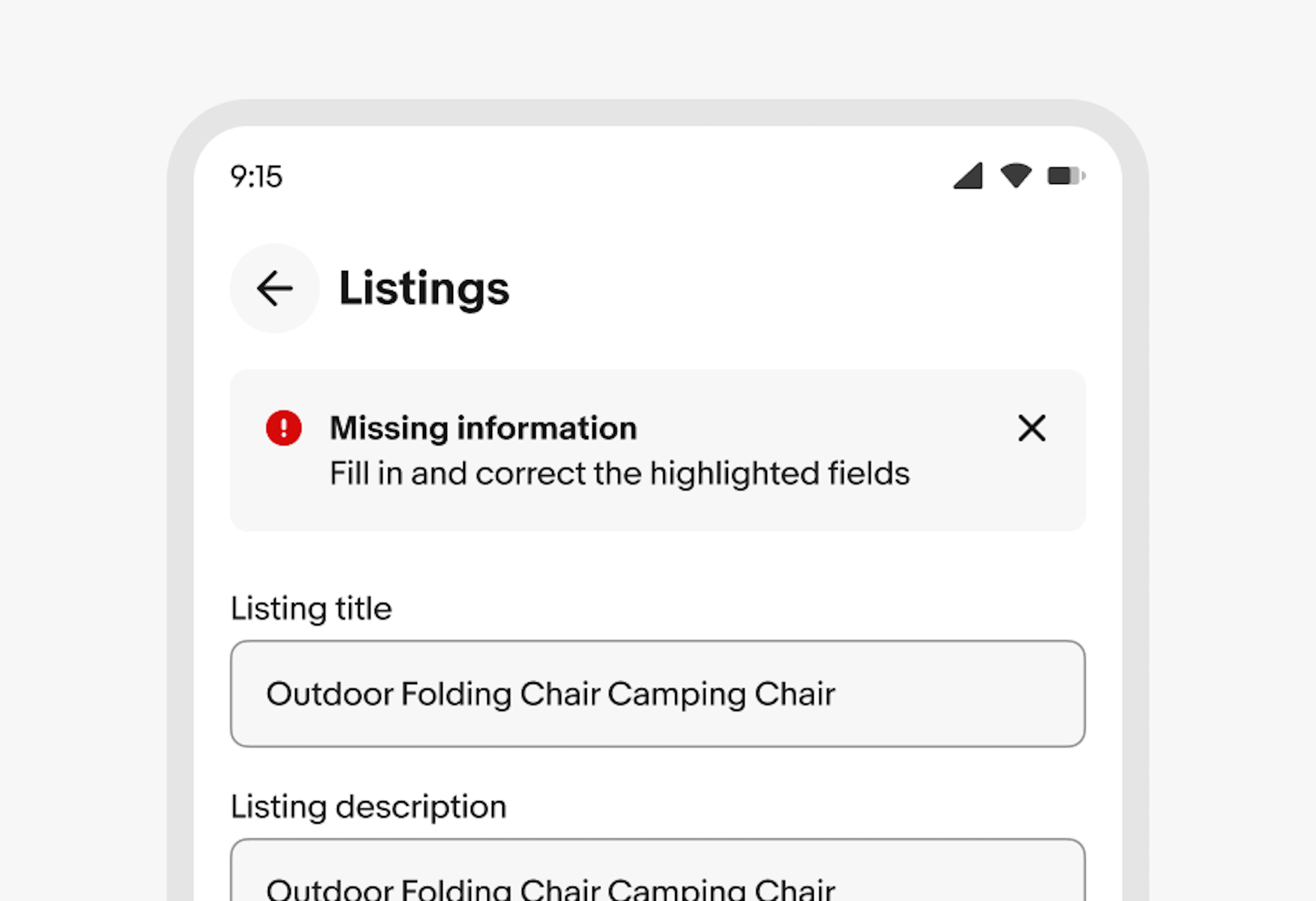 Mobile filter group labeled "Filter" listing three options. All (20), Missing required item specifics (3) — selected with a checkmark — and Missing recommended item specifics (8). A blue "Show 10 results" button appears at the bottom.