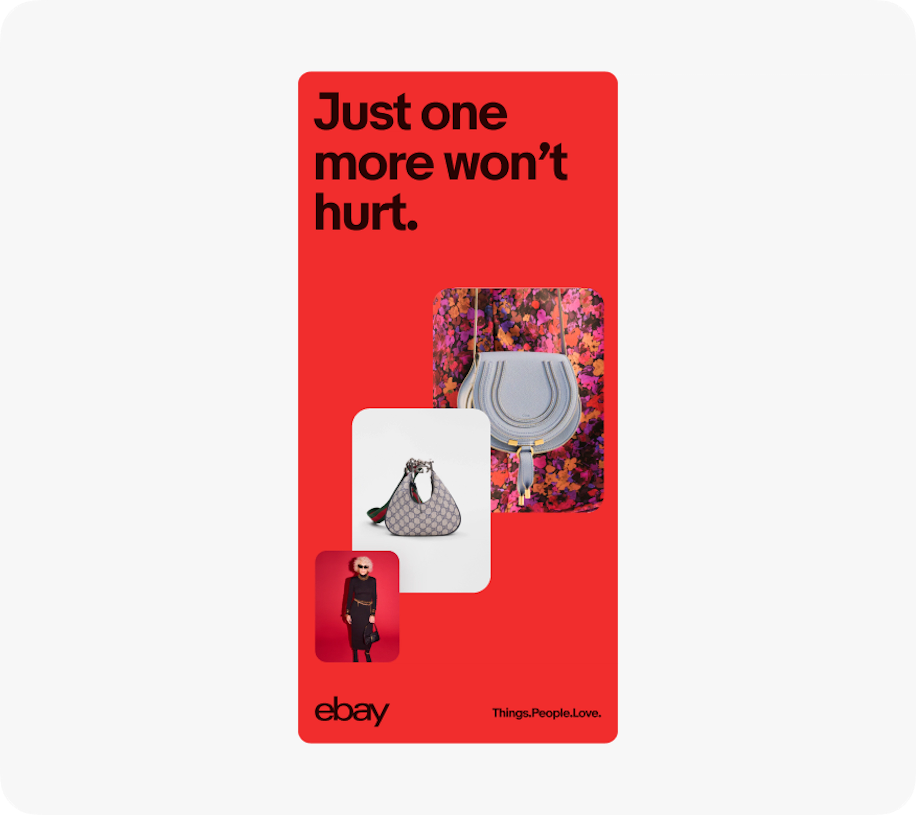 A digital banner ad with dark red text, three red-tones stacked images, the eBay logo in dark red, and tagline in dark red on a red background. 