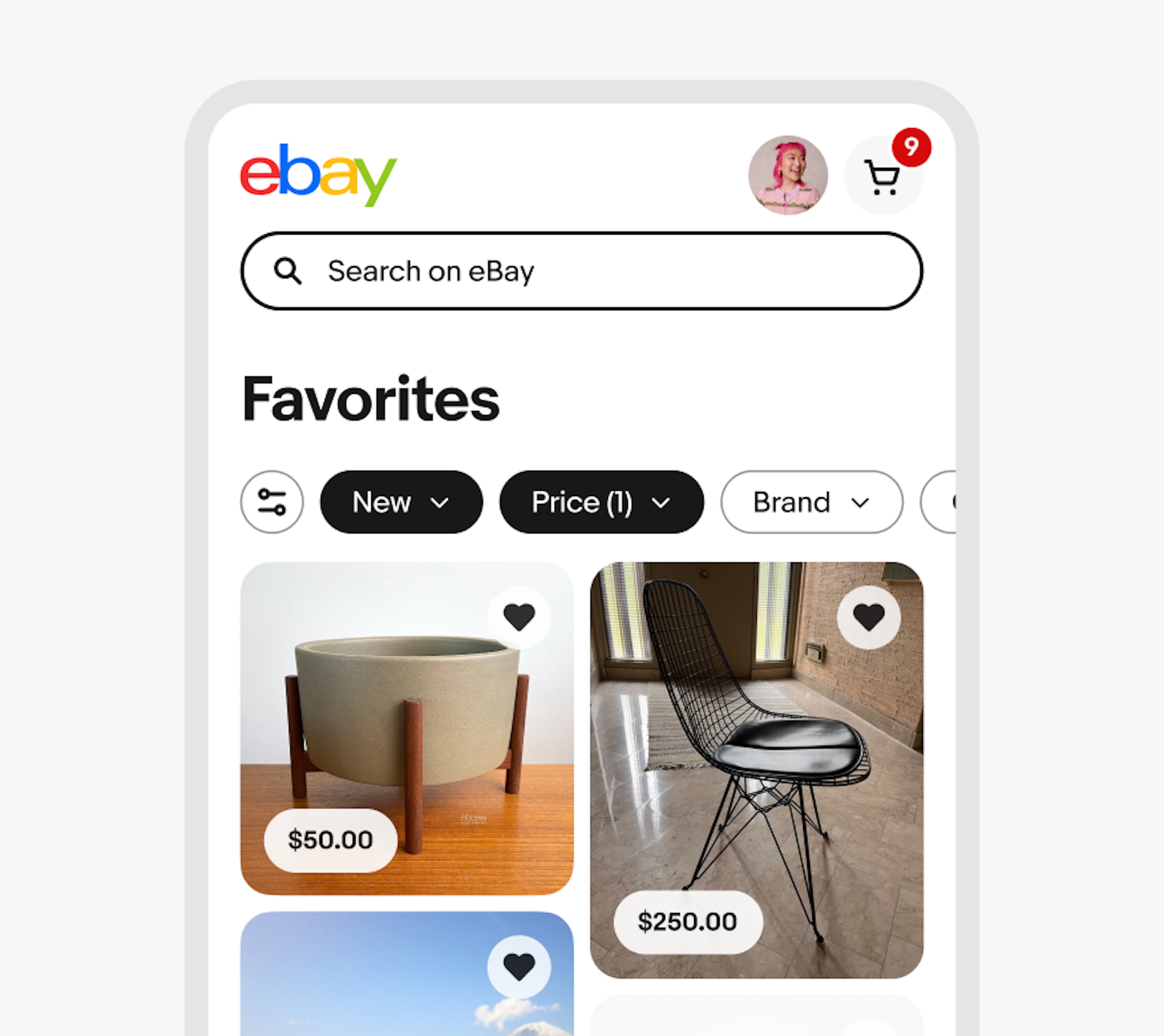 Favorites page on a mobile screen containing several filter chips with two selected labeled: New and Price(1).