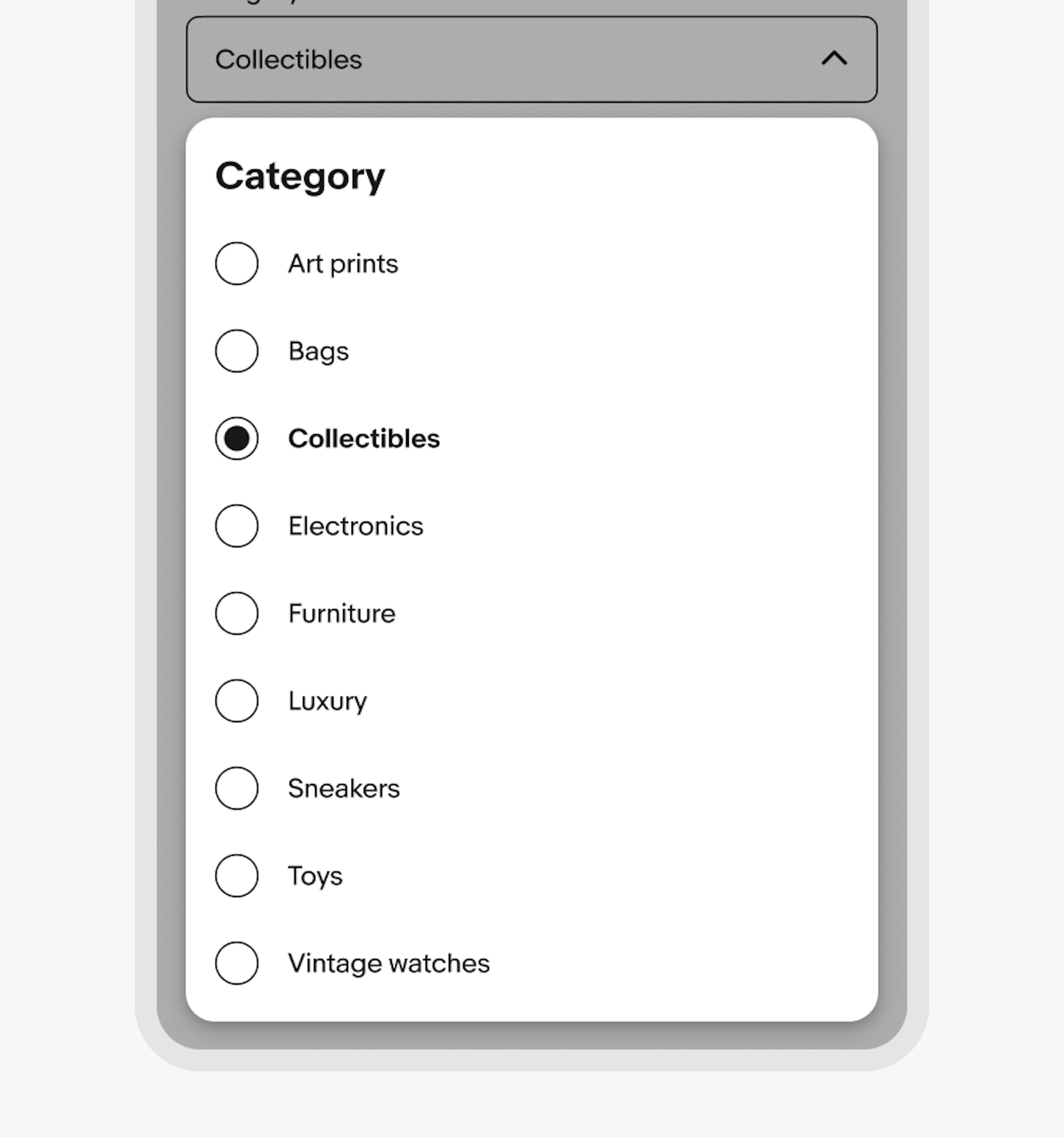 Category selection modal under field; items include Art prints, Bags, Collectibles (checked), Electronics, Furniture, Luxury, Sneakers, Toys, Vintage watches.