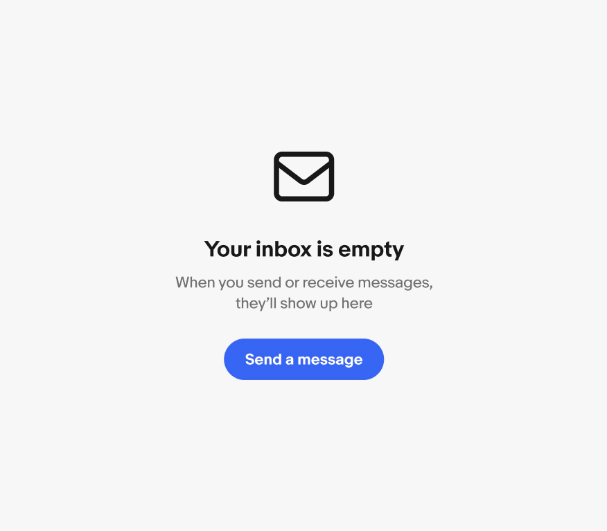 Messages screen showing an empty inbox state with the Mail icon and an option to send a message.