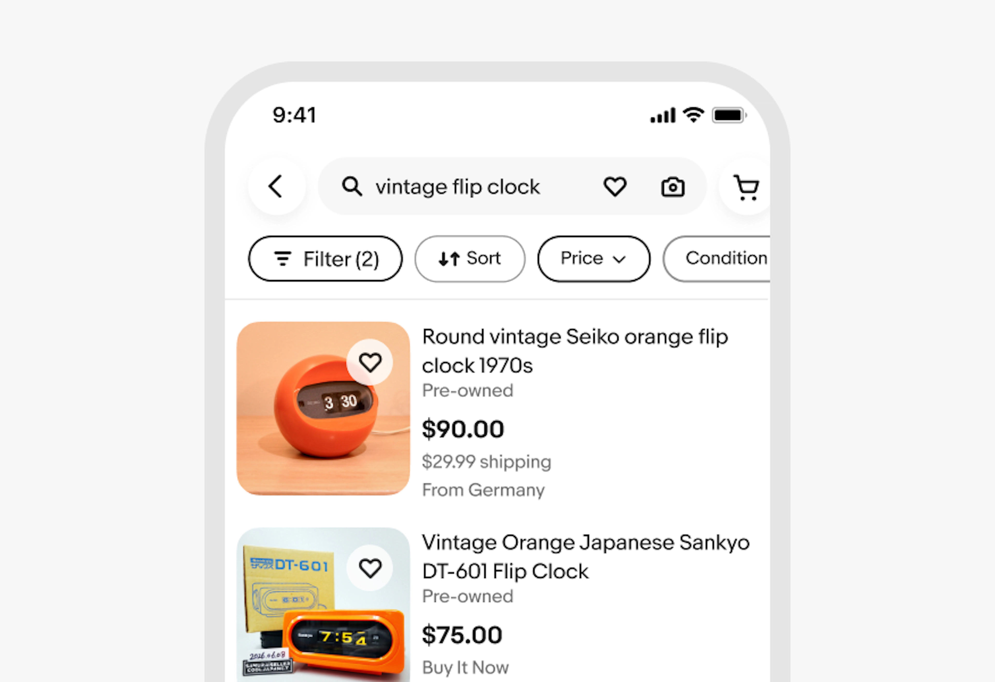 Mobile search results screen with filter chips: Filters (2), Price, Size, Color. The Price chip title remains unchanged after a filter value has been selected.