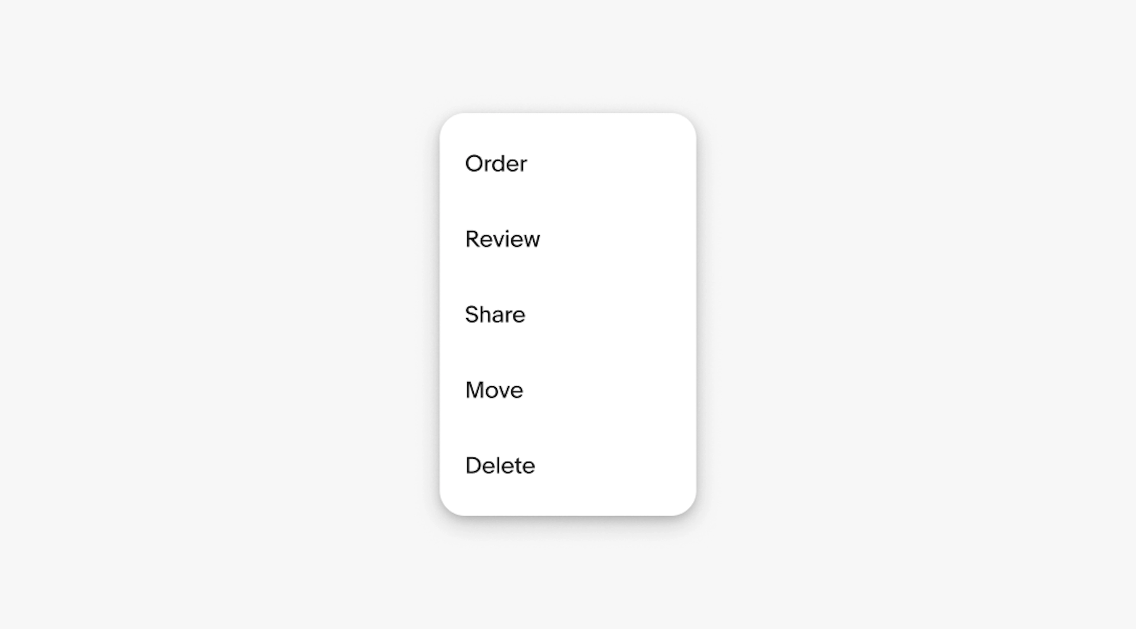 Menu action labels in a list with Order, Review, Share, Move, Delete