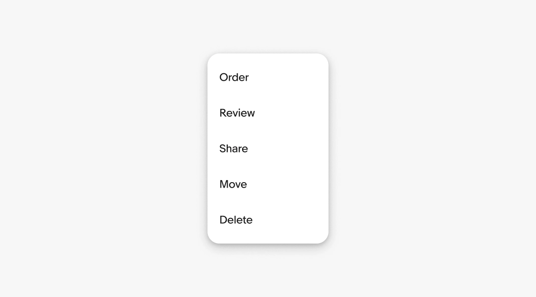 Menu action labels in a list with Order, Review, Share, Move, Delete