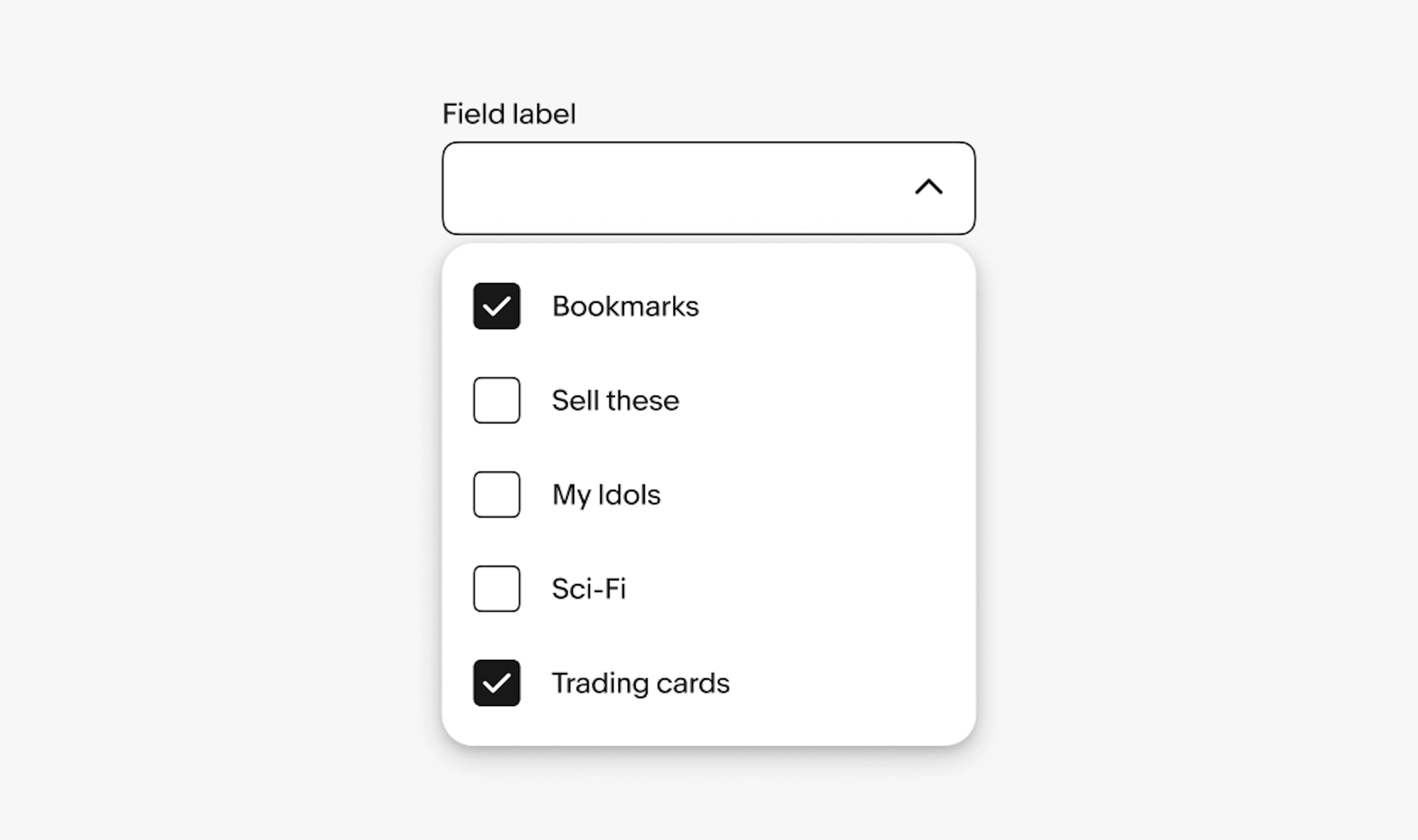 Form dropdowns: multiselect checklist with Bookmarks and Trading cards checked; single‑select radio with Weekly chosen.
