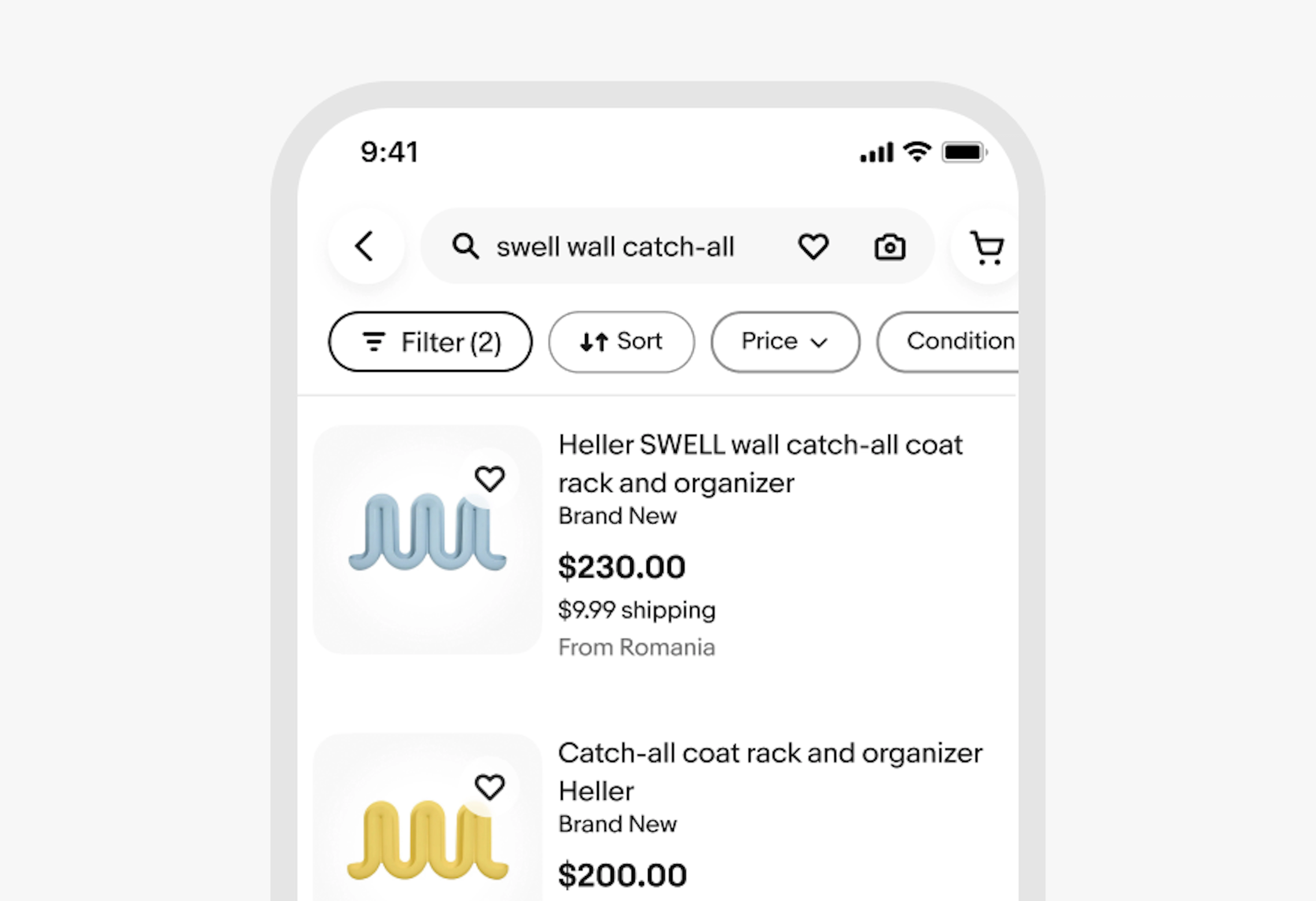 Mobile search results screen displaying Filter (2), Sort, Price, and Condition chips maintaining their standard positional order even with filters applied.