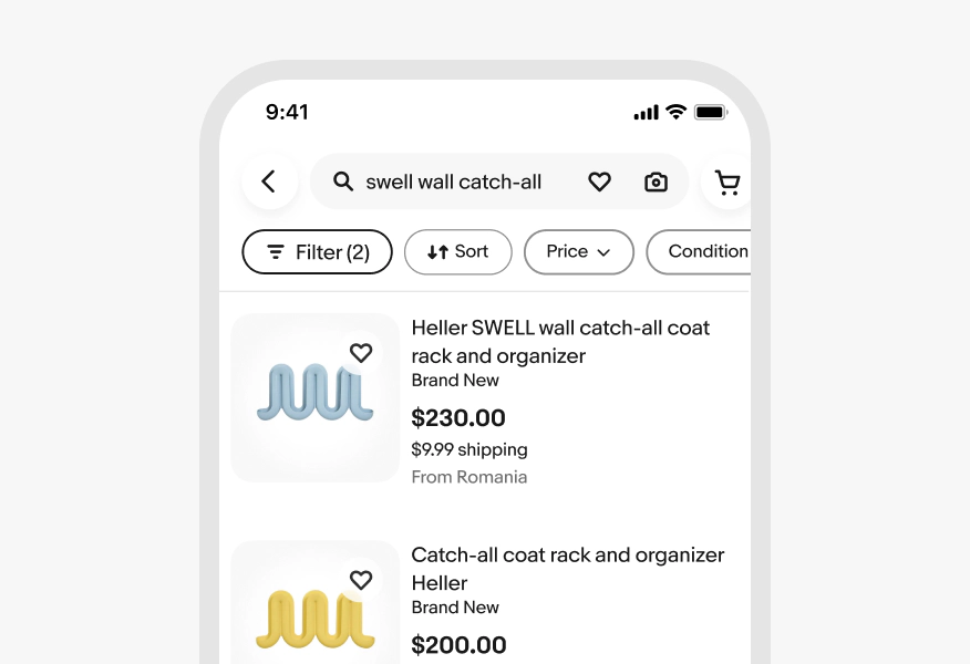 Mobile search results screen displaying Filter (2), Sort, Price, and Condition chips maintaining their standard positional order even with filters applied.