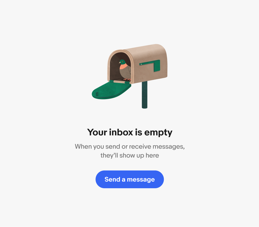 Messages screen showing an empty inbox state with the Pigeon Mailbox illustration and an option to send a message.