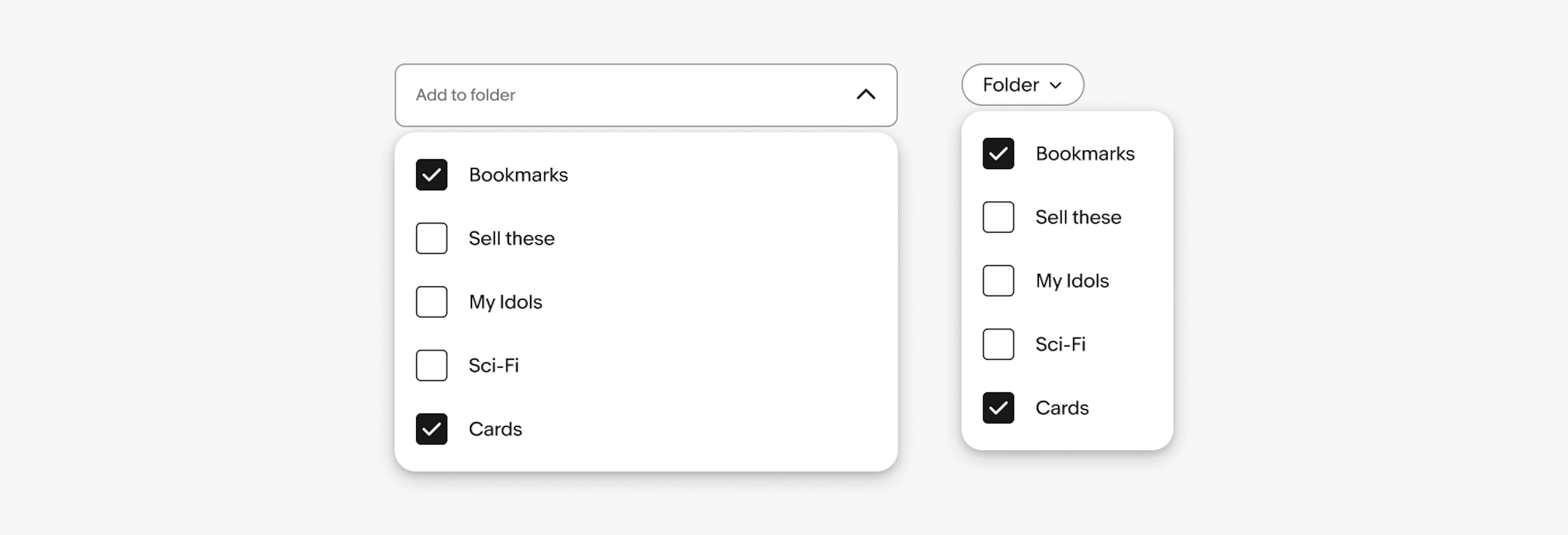 Menu width comparison: wide multiselect dropdown under Add to folder and a narrower Actions menu with Add to list, Remove from list, Add note, Report.
