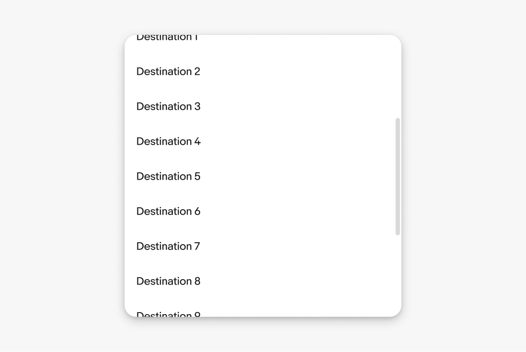 Menu list with many options and a vertical scrollbar, indicating content extends beyond the visible area.