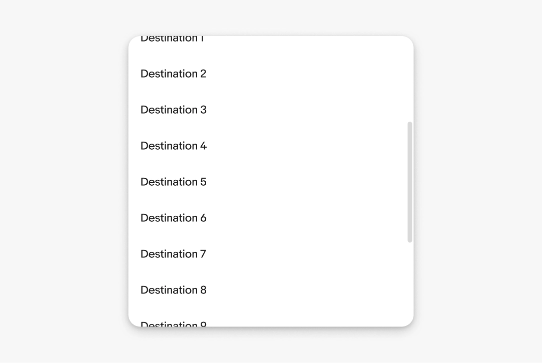Menu list with many options and a vertical scrollbar, indicating content extends beyond the visible area.