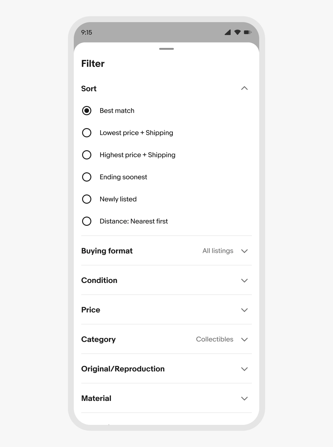 Mobile filter sheet with sort options expanded and buying format, condition, price, category, and material sections collapsed.