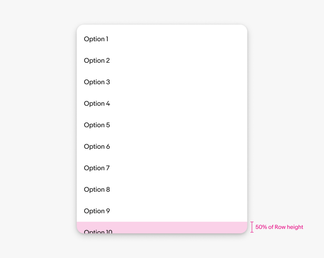 Menu height guidance showing options 1–10 and a pink indicator for bottom padding equal to row height × 0.5.