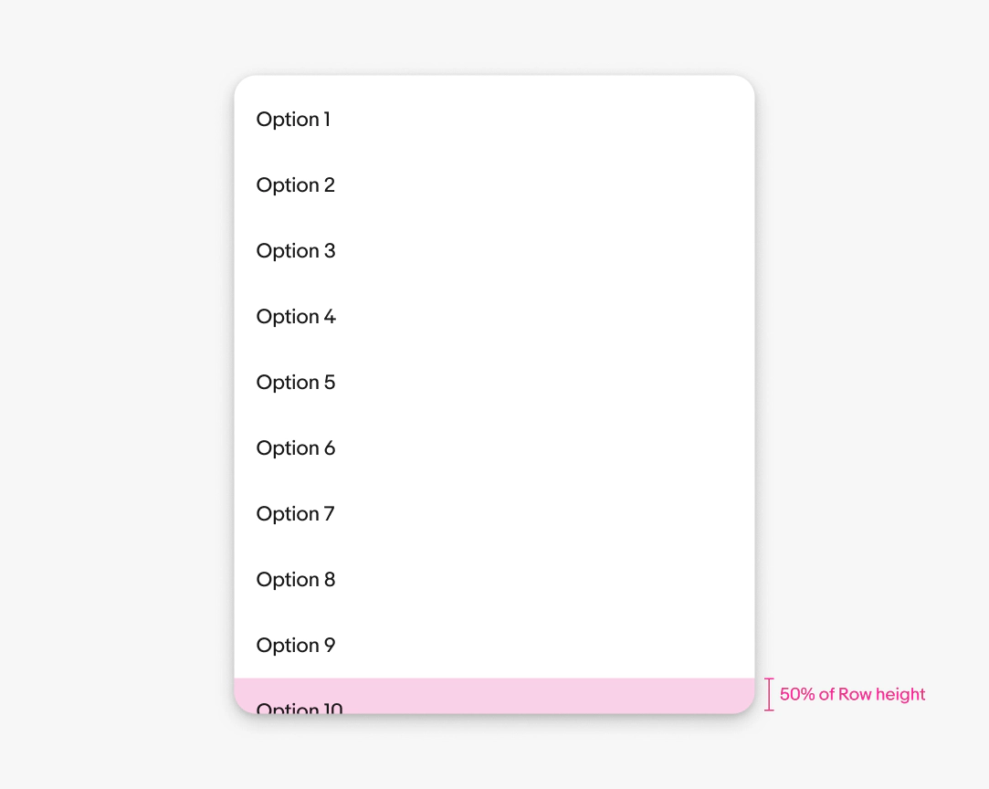 Menu height guidance showing options 1–10 and a pink indicator for bottom padding equal to row height × 0.5.