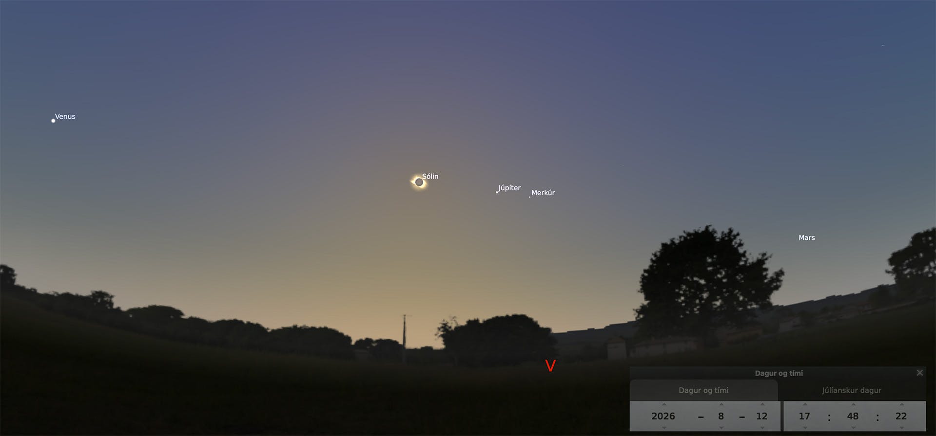 Planets that will be visible during the August 12, 2026 total solar eclipse. 