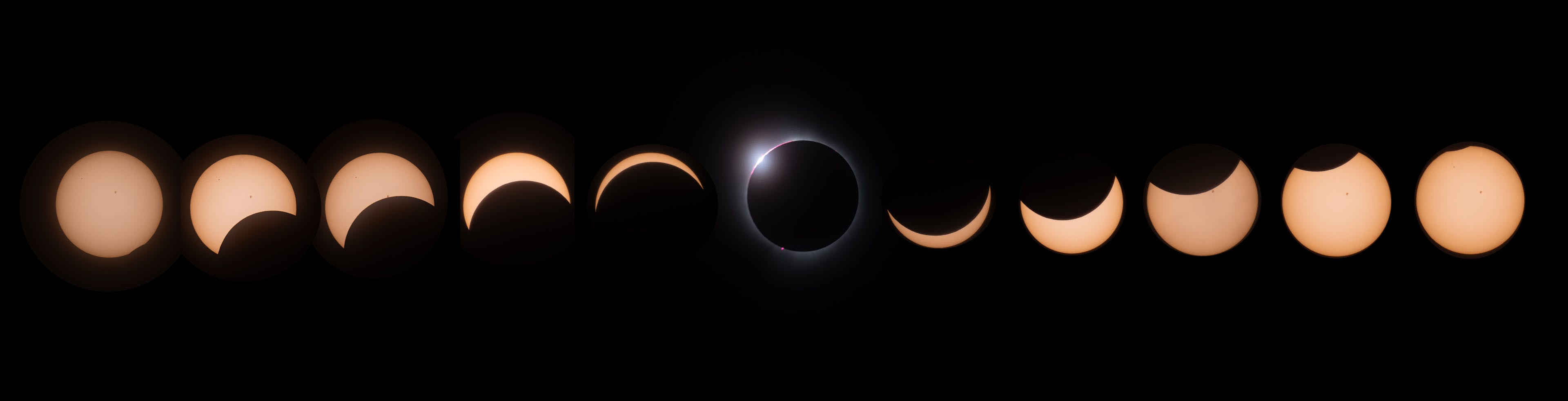 Partial and total phases of the solar eclipse of April 8, 2024, as seen from Burlington, Vermont, USA. The images were shot through 92mm Astro-Physics Stowaway refractor with Nikon D810a. Baader Planetarium safe solar filter used for the partial eclipse. Credit: Sævar Helgi Bragason