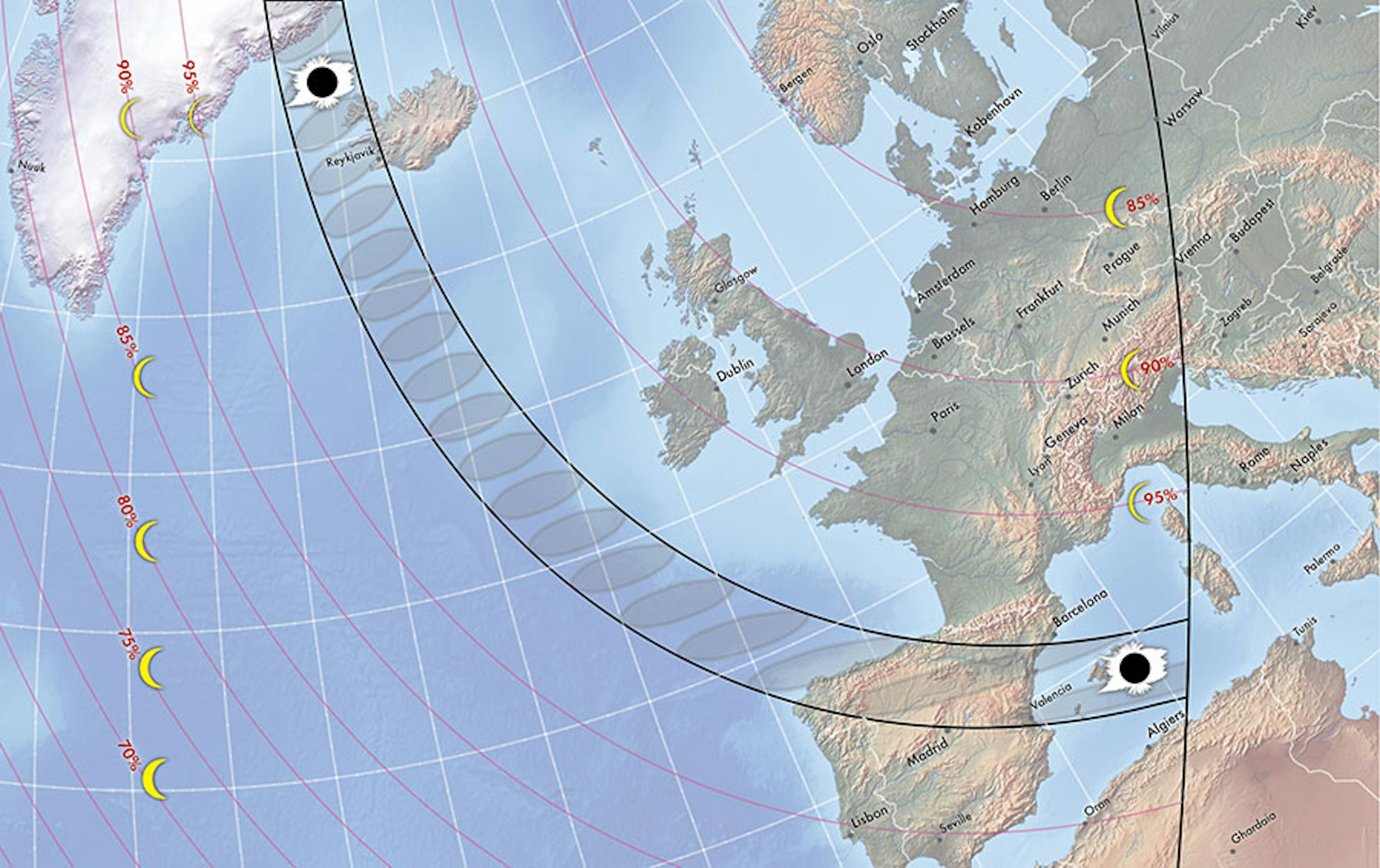 The path of totality sweeps near Iceland and over Spain on August 12, 2026. Michael Zeiler / GreatAmericanEclipse.com