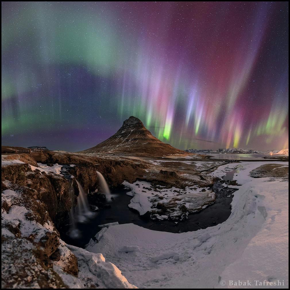 Kirkjufell and Kirkjufellsfoss during geomagnetic storm in March 2015. Credit: Babak Tafreshi