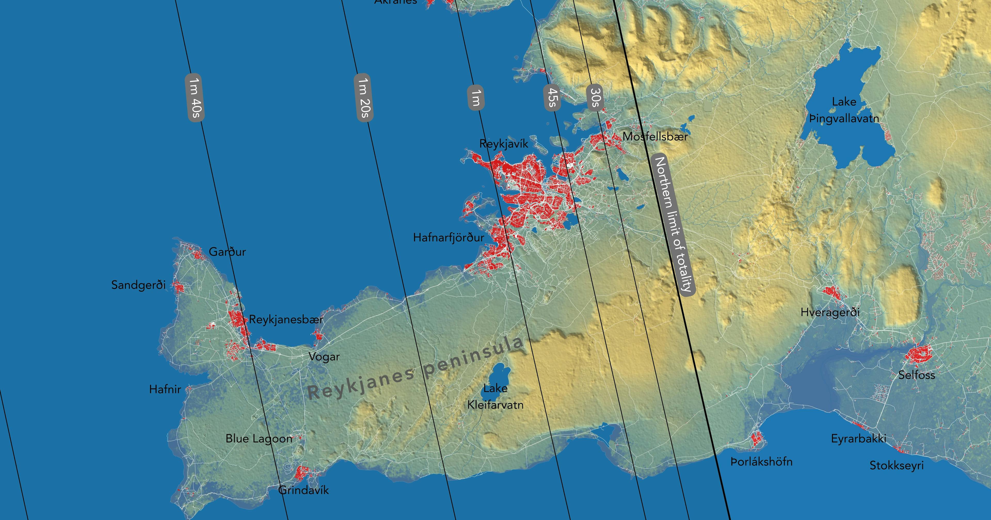 Duration of totality in Reykjavík and the Reykjanes peninsula of Iceland during the August 12, 2026 total solar eclipse. Credit: Andreas Dill & Sævar Helgi Bragason / eclipse2026.is