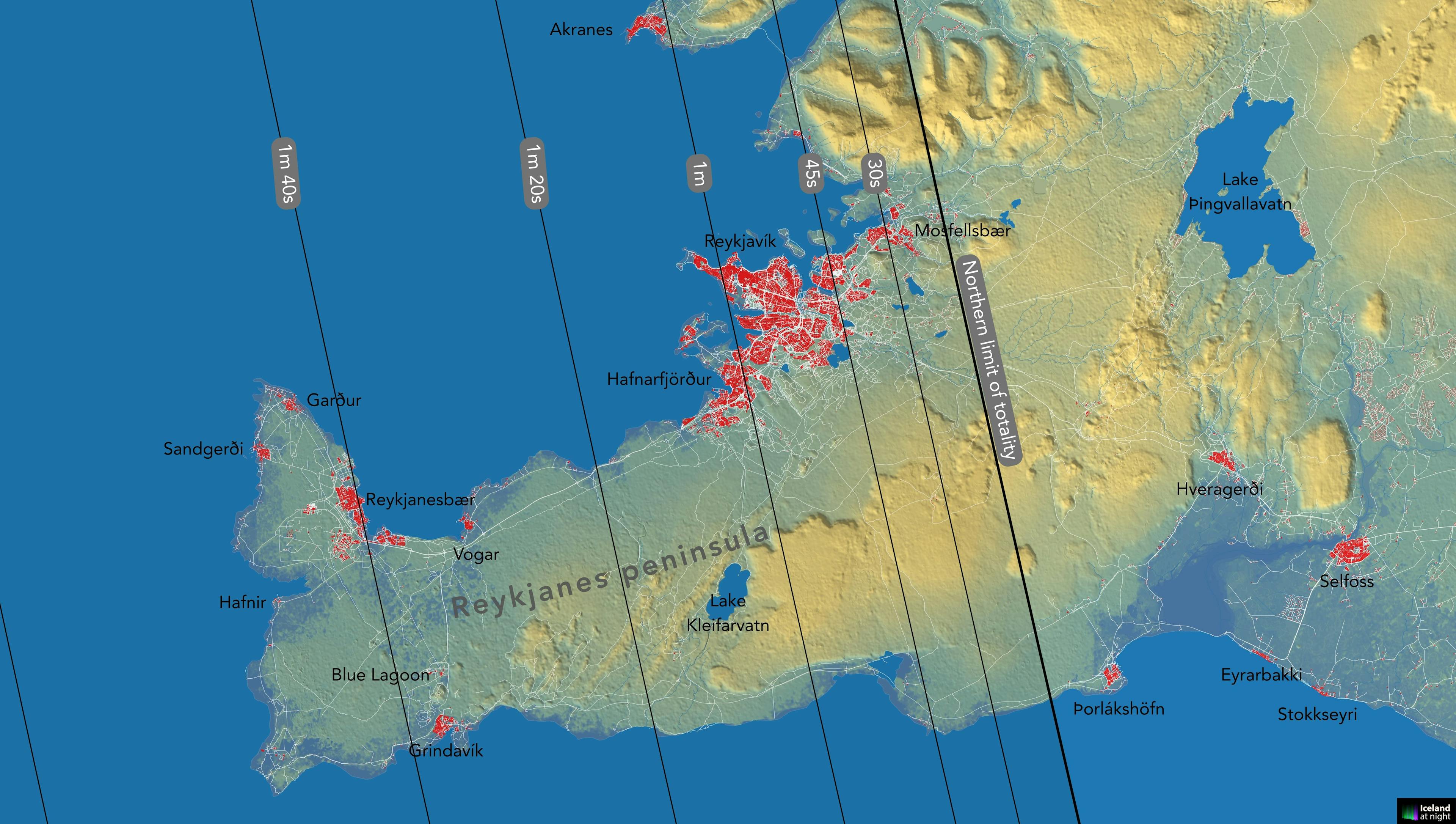 Duration of totality in Reykjavík and the Reykjanes peninsula of Iceland during the August 12, 2026 total solar eclipse. Credit: Andreas Dill & Sævar Helgi Bragason / eclipse2026.is