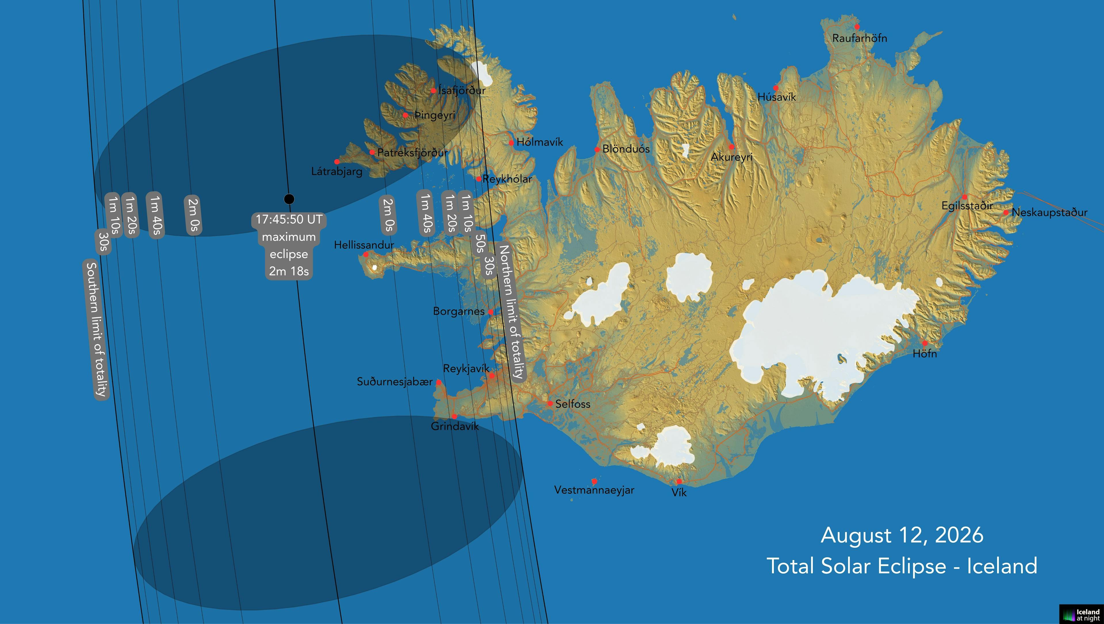 Duration of totality in Iceland for the August 12, 2026 total solar eclipse. Credit: Andreas Dill & Sævar Helgi Bragason / eclipse2026.is