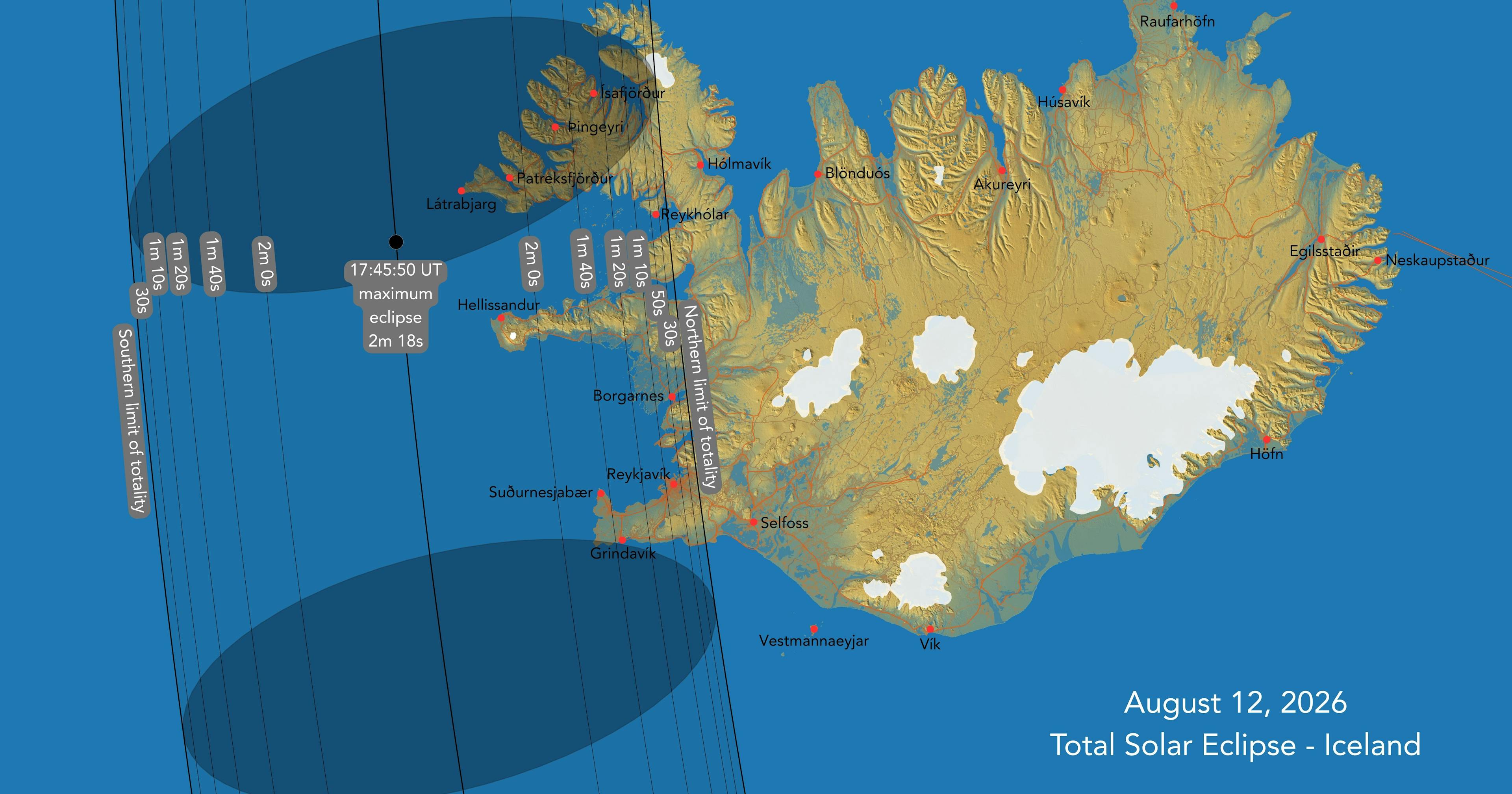 Duration of totality in Iceland for the August 12, 2026 total solar eclipse. Credit: Andreas Dill & Sævar Helgi Bragason / eclipse2026.is