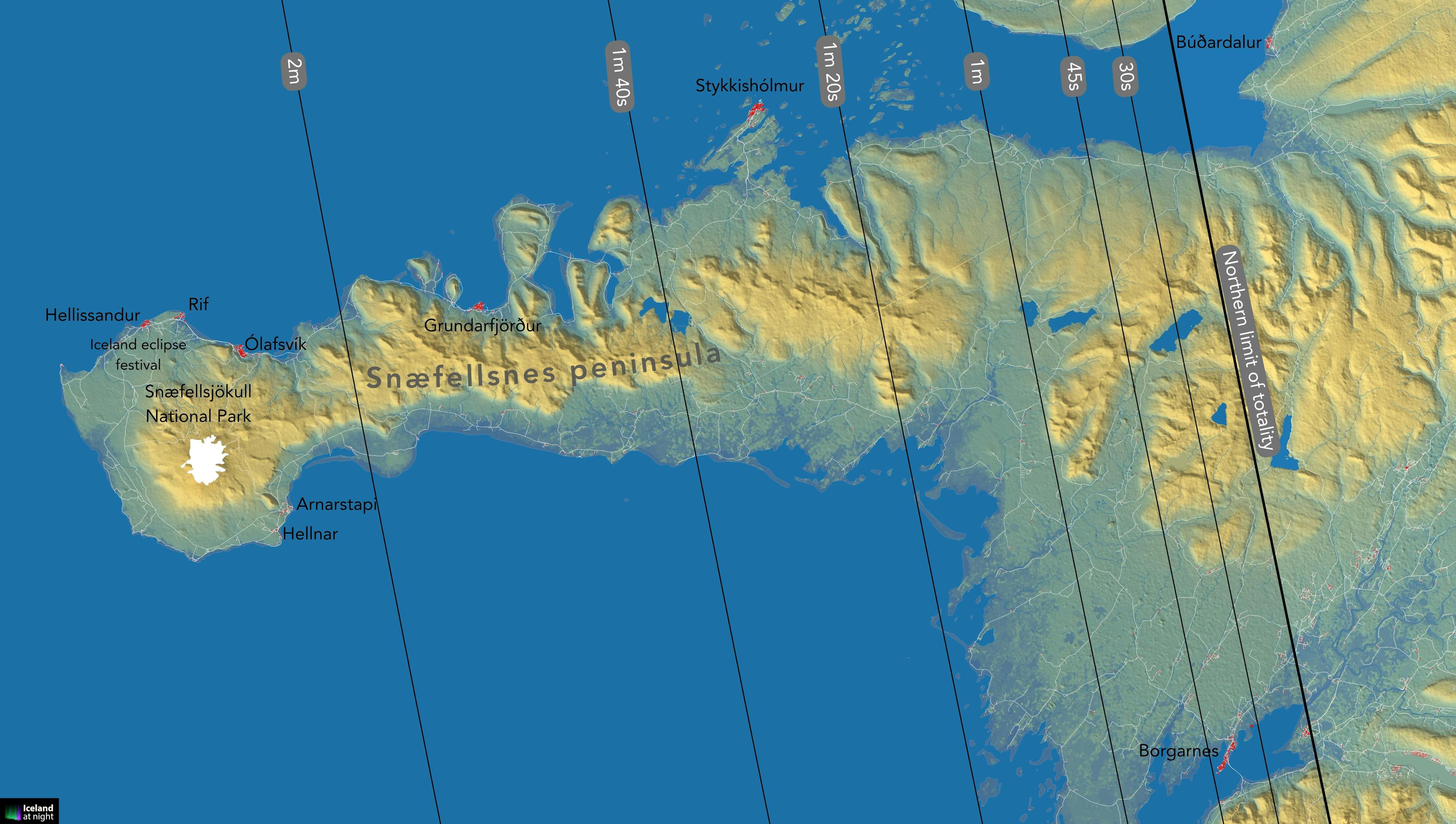 Duration of totality in the Snæfellsnes peninsula of Iceland during the August 12, 2026 total solar eclipse. Credit: Andreas Dill & Sævar Helgi Bragason / eclipse2026.is