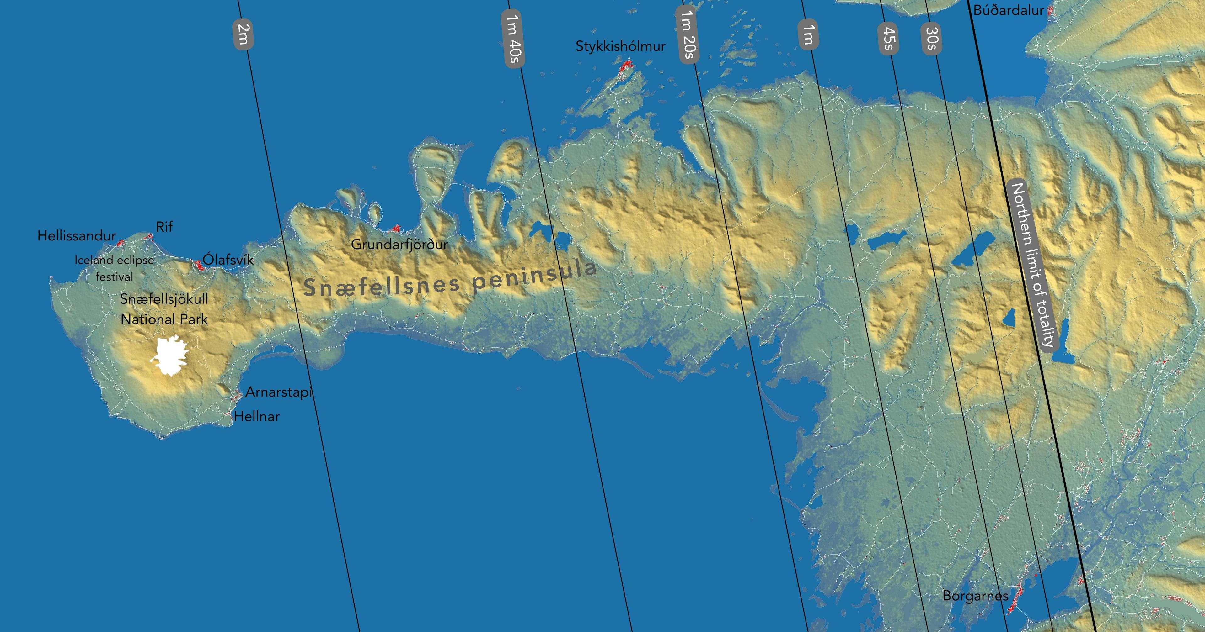 Duration of totality in the Snæfellsnes peninsula of Iceland during the August 12, 2026 total solar eclipse. Credit: Andreas Dill & Sævar Helgi Bragason / eclipse2026.is