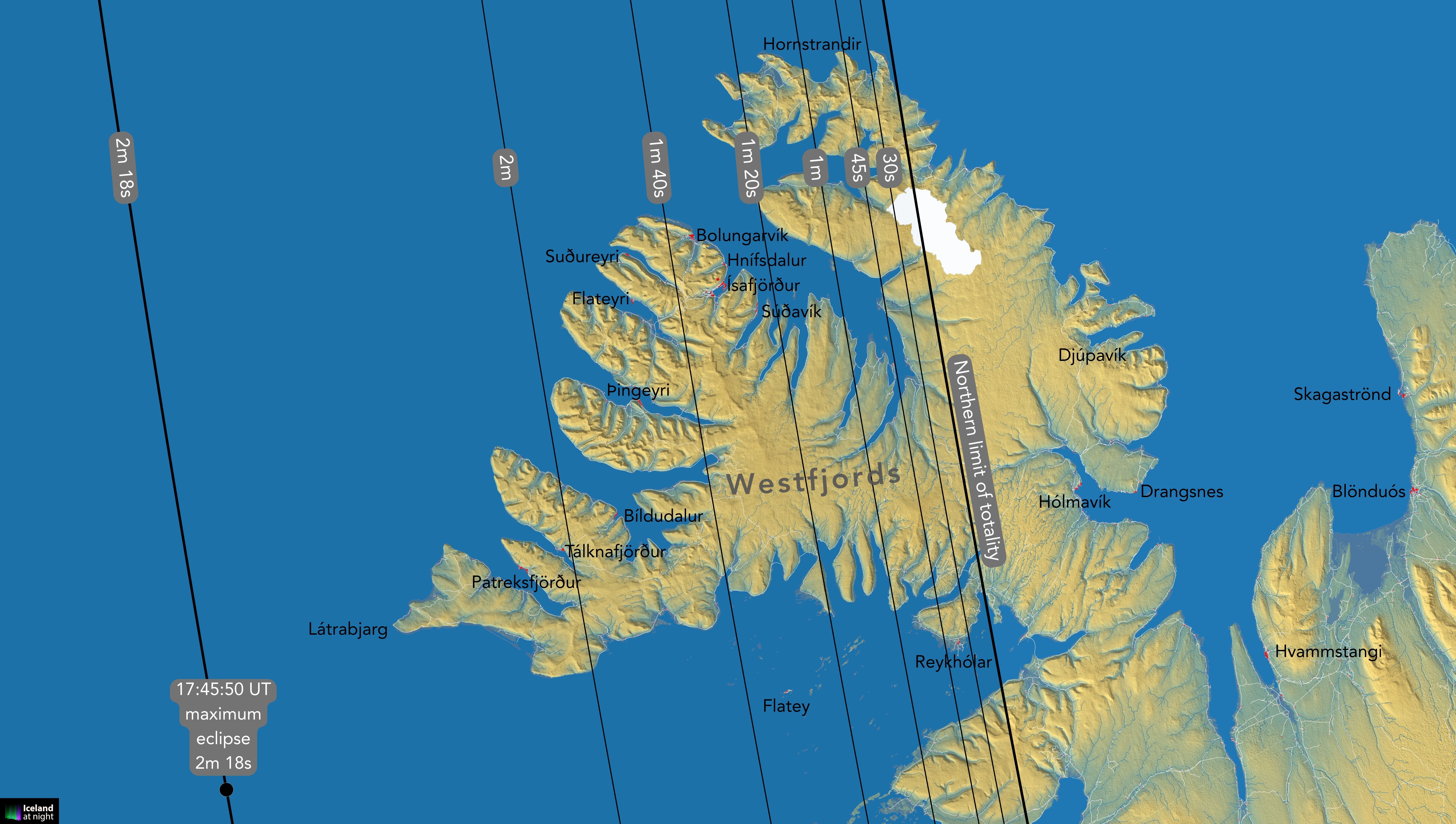 Maps Of Iceland For The 2026 Total Solar Eclipse Eclipse 2026 Total Eclipse Westfjords 