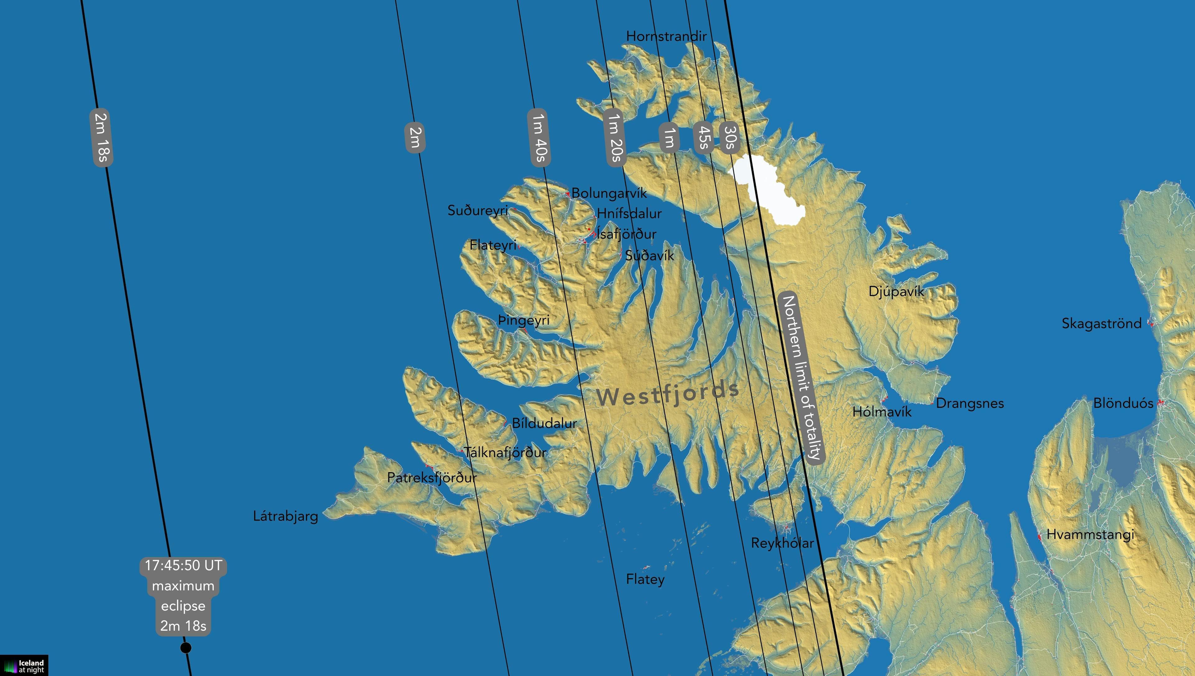 Duration of totality in the Westfjords of Iceland during the August 12, 2026 total solar eclipse. Credit: Andreas Dill & Sævar Helgi Bragason / eclipse2026.is