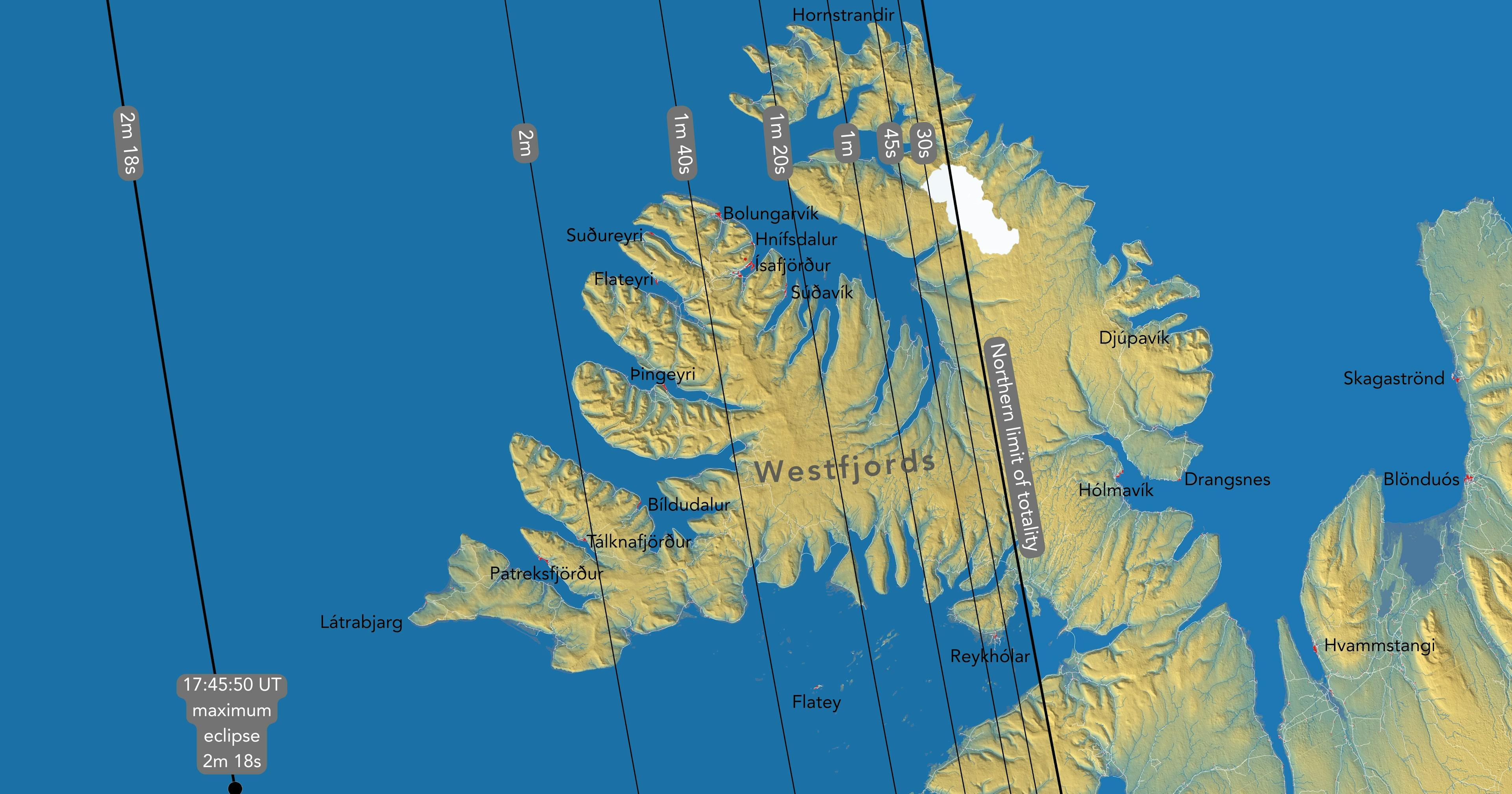 Duration of totality in the Westfjords of Iceland during the August 12, 2026 total solar eclipse. Credit: Andreas Dill & Sævar Helgi Bragason / eclipse2026.is