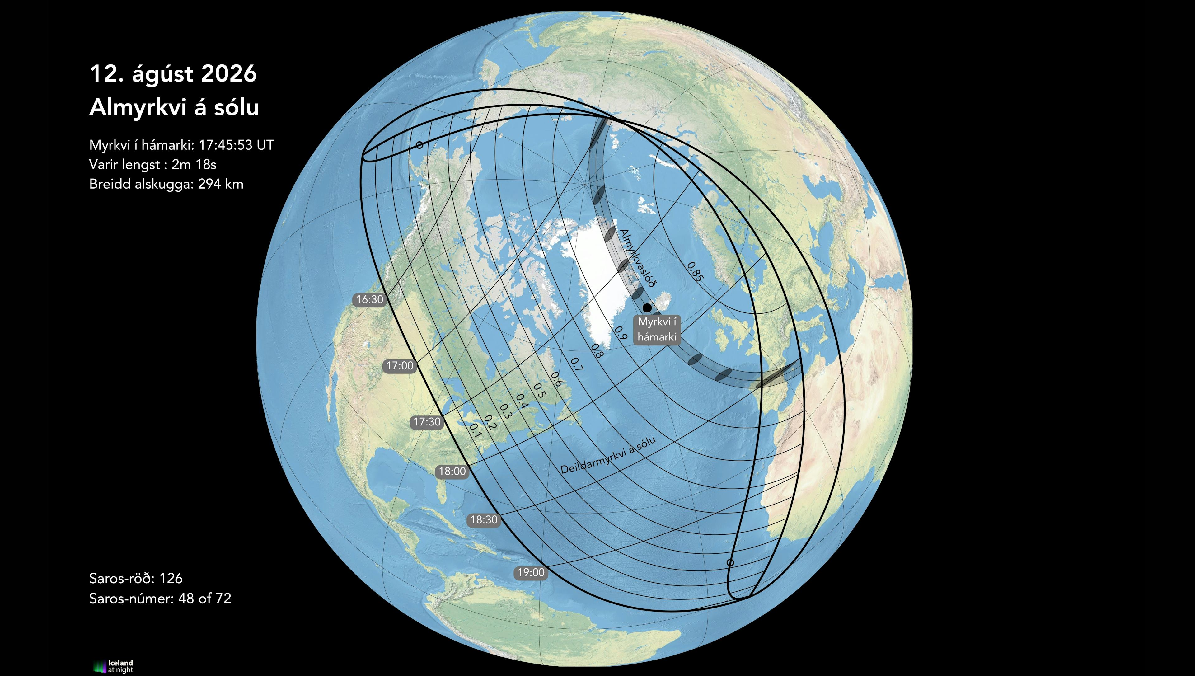 August 12, 2026 total solar eclipse - global map. Credit: Andreas Dill & Sævar Helgi Bragason / eclipse2026.is