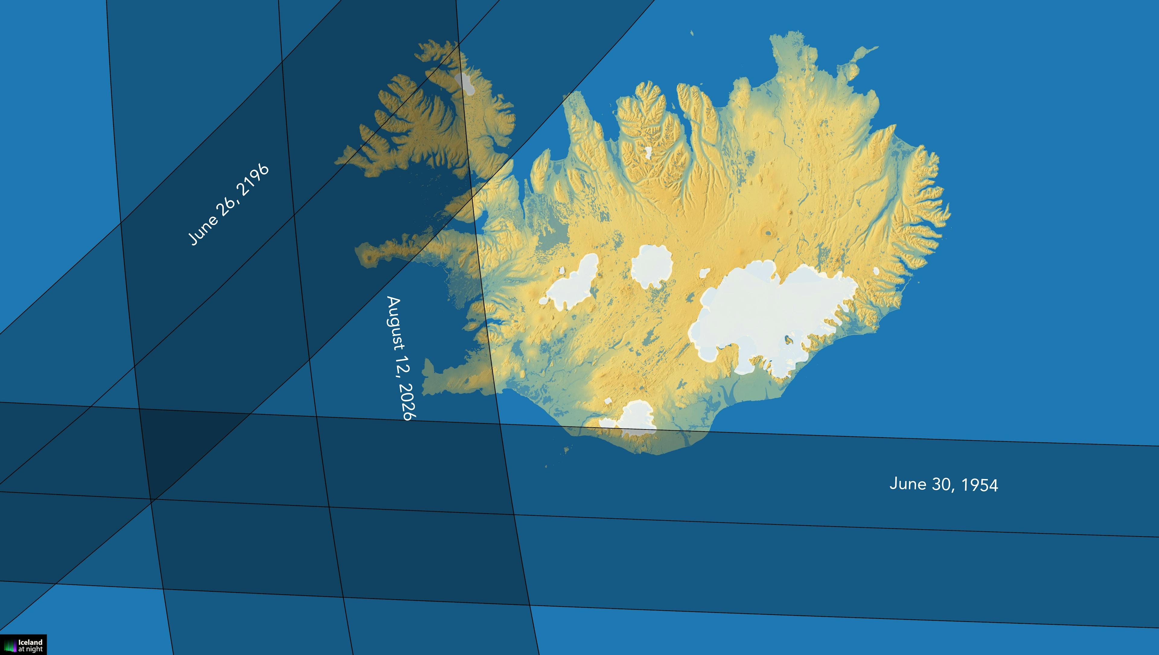 Past and future solar eclipses in Iceland. Credit: Andreas Dill & Sævar Helgi Bragason / eclipse2026.is