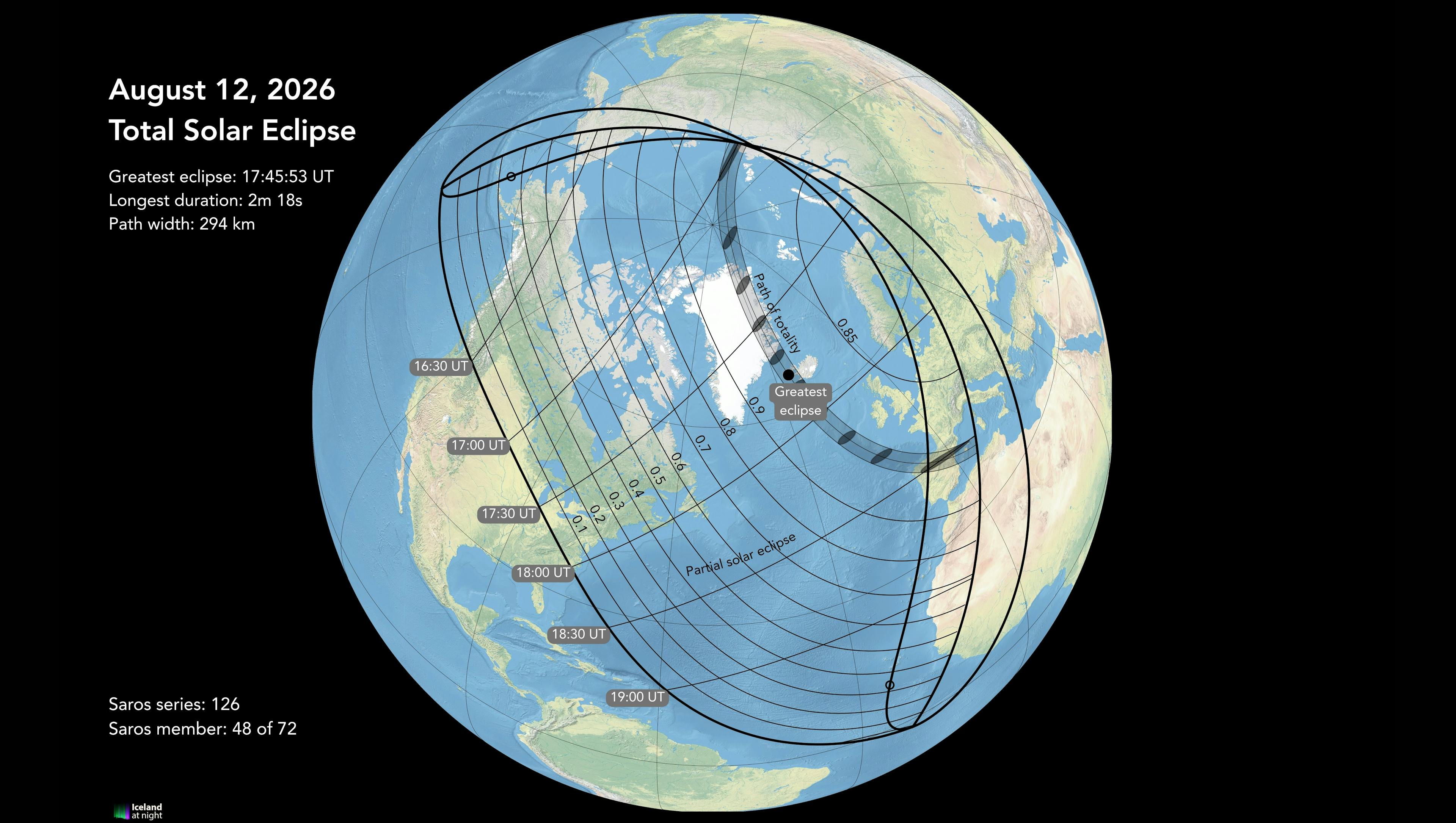 August 12, 2026 total solar eclipse - global map. Credit: Andreas Dill & Sævar Helgi Bragason / eclipse2026.is