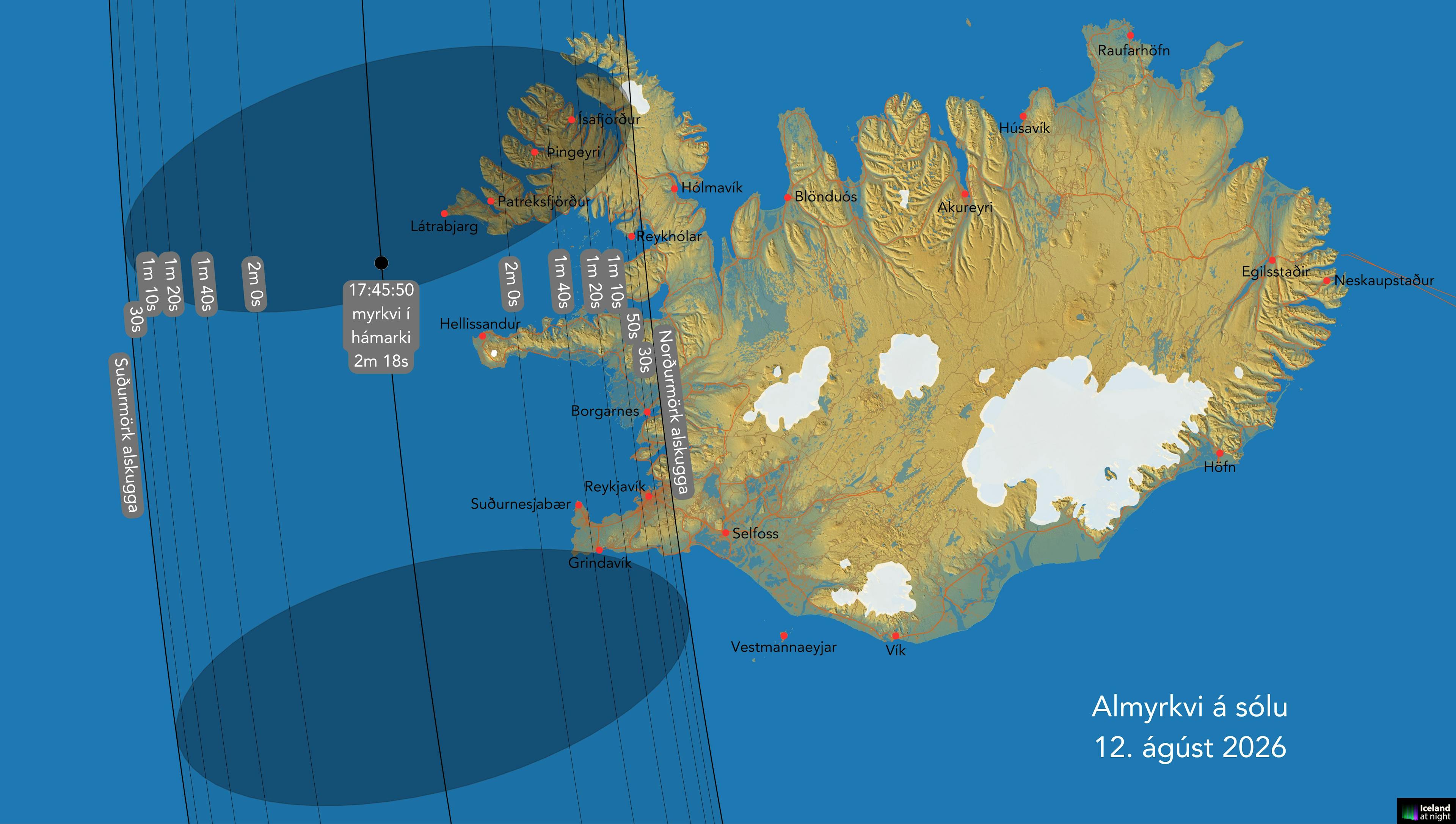 Kort af almyrkva á sólu 2026 á Íslandi. Mynd: Andreas Dill & Sævar Helgi Bragason / eclipse2026.is
