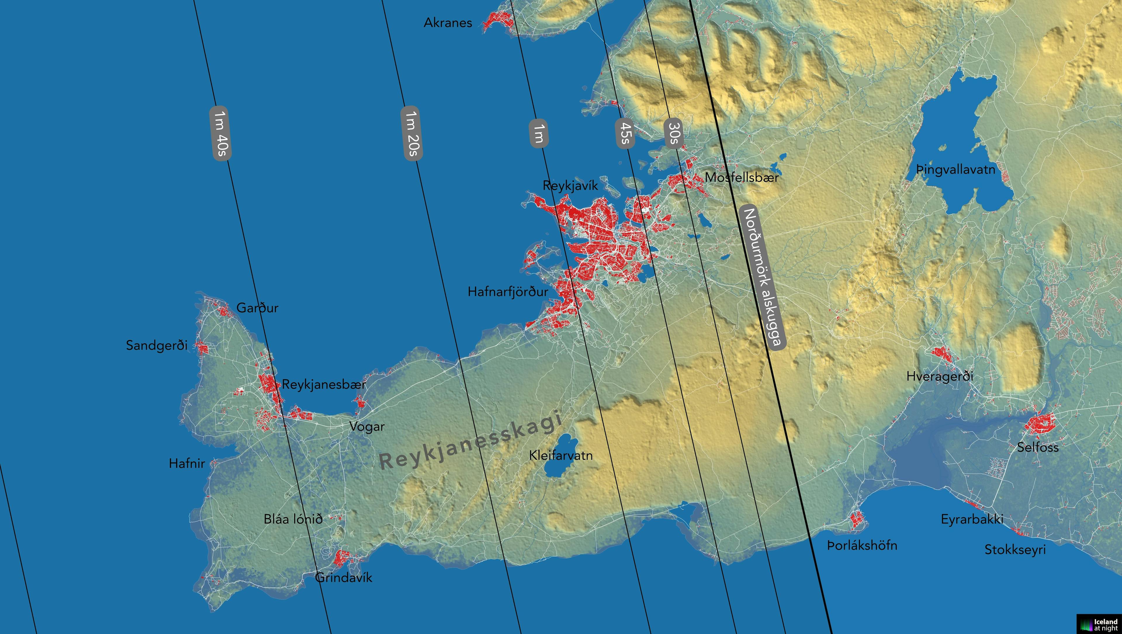 Kort af almyrkva á sólu 2026 í Reykjavík og Reykjanesskaga. Mynd: Andreas Dill & Sævar Helgi Bragason / eclipse2026.is
