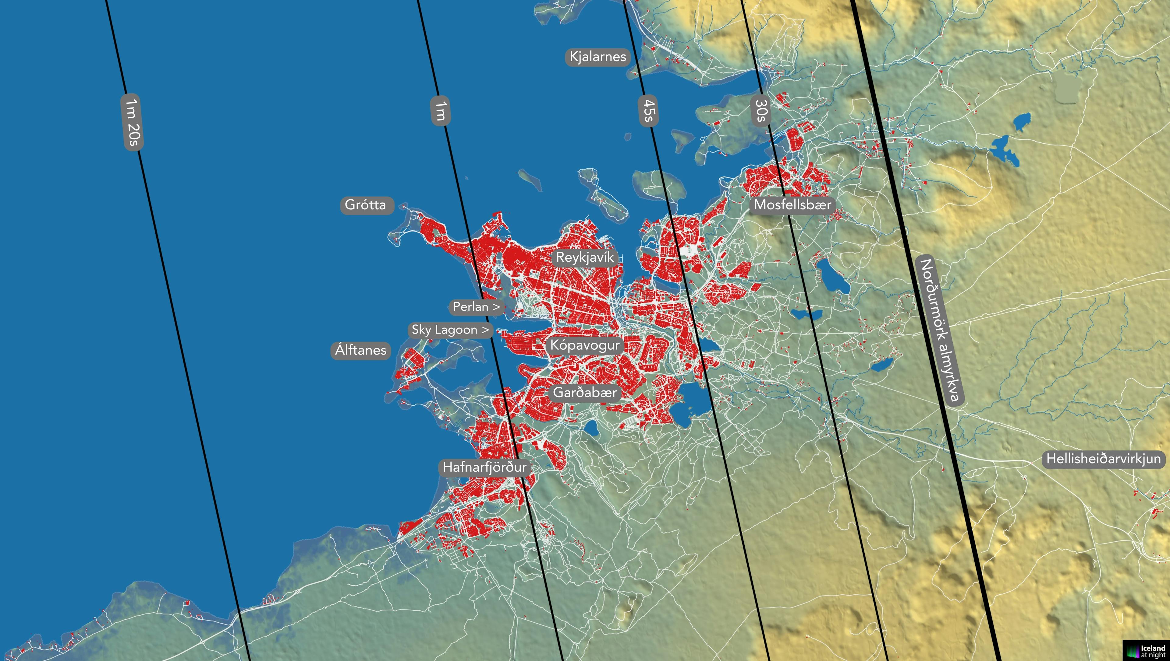 Almyrkvi á höfuðborgarsvæðinu. Kort: Andreas Dill & Sævar Helgi Bragason / eclipse2026.is