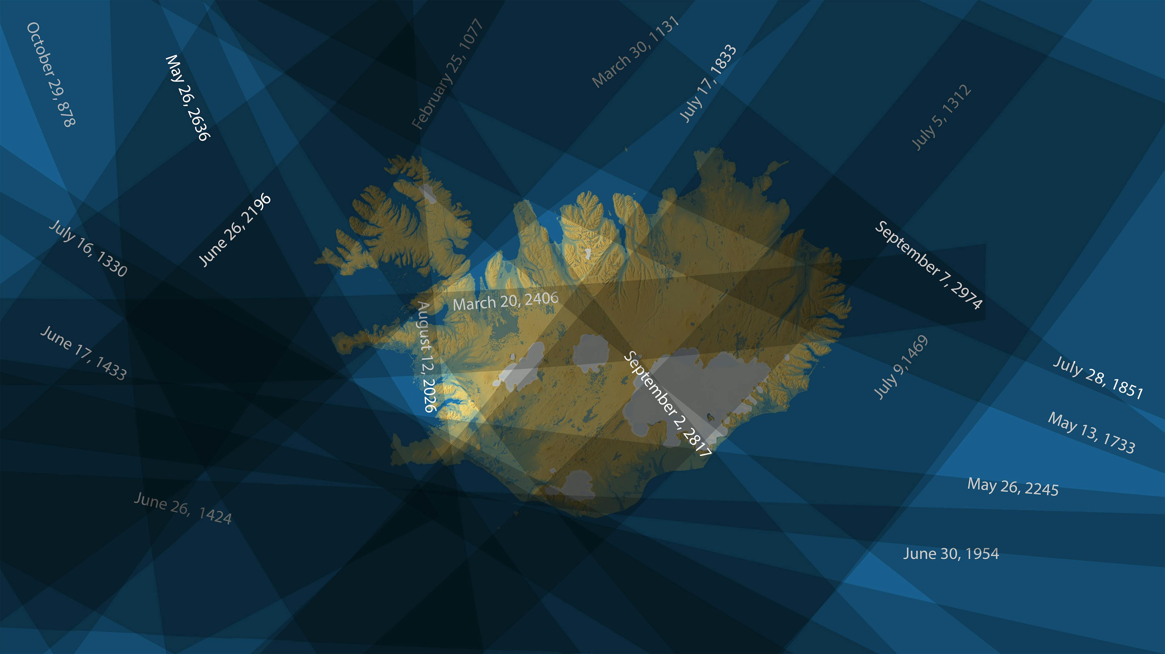Every total solar eclipse in Iceland since settlement until year 3000. Credit: Andreas Dill & Sævar Helgi Bragason / eclipse2026.is & icelandatnight.is