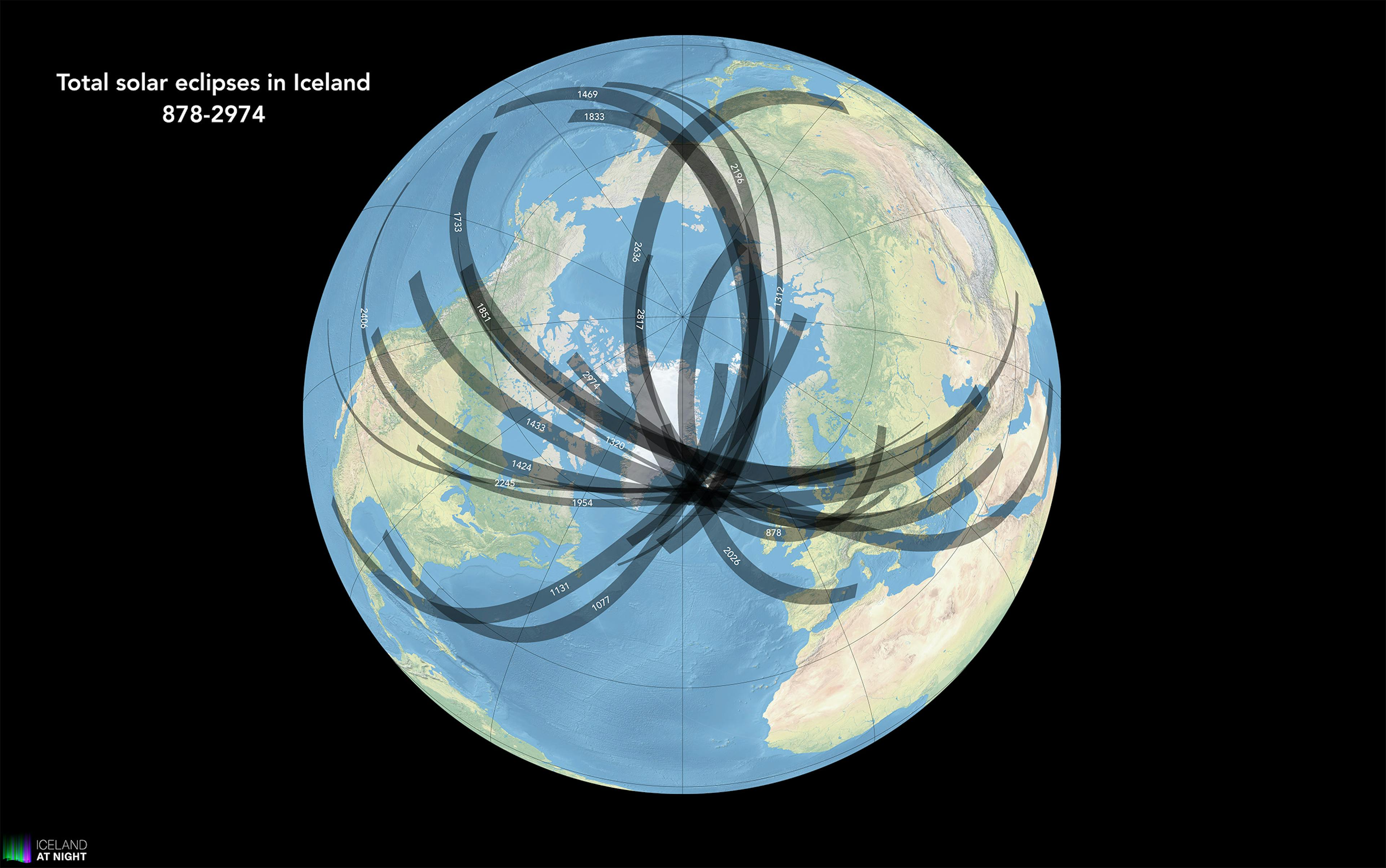 Every total solar eclipse in Iceland since settlement until year 3000. Credit: Andreas Dill & Sævar Helgi Bragason / eclipse2026.is & icelandatnight.is