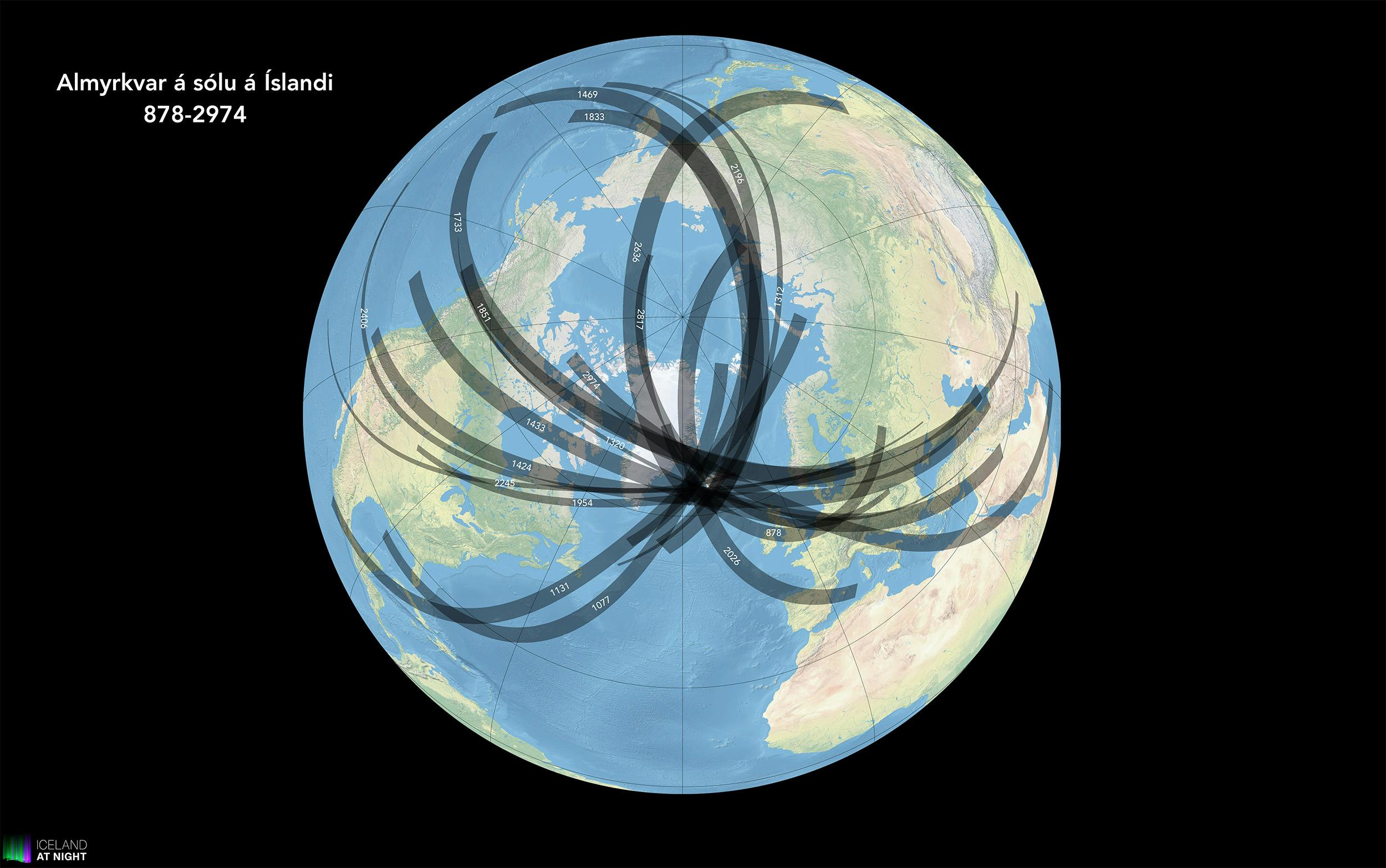 Allir almyrkvar á sólu á Íslandi frá landnámi til ársins 3000. Mynd: Andreas Dill & Sævar Helgi Bragason / eclipse2026.is & icelandatnight.is