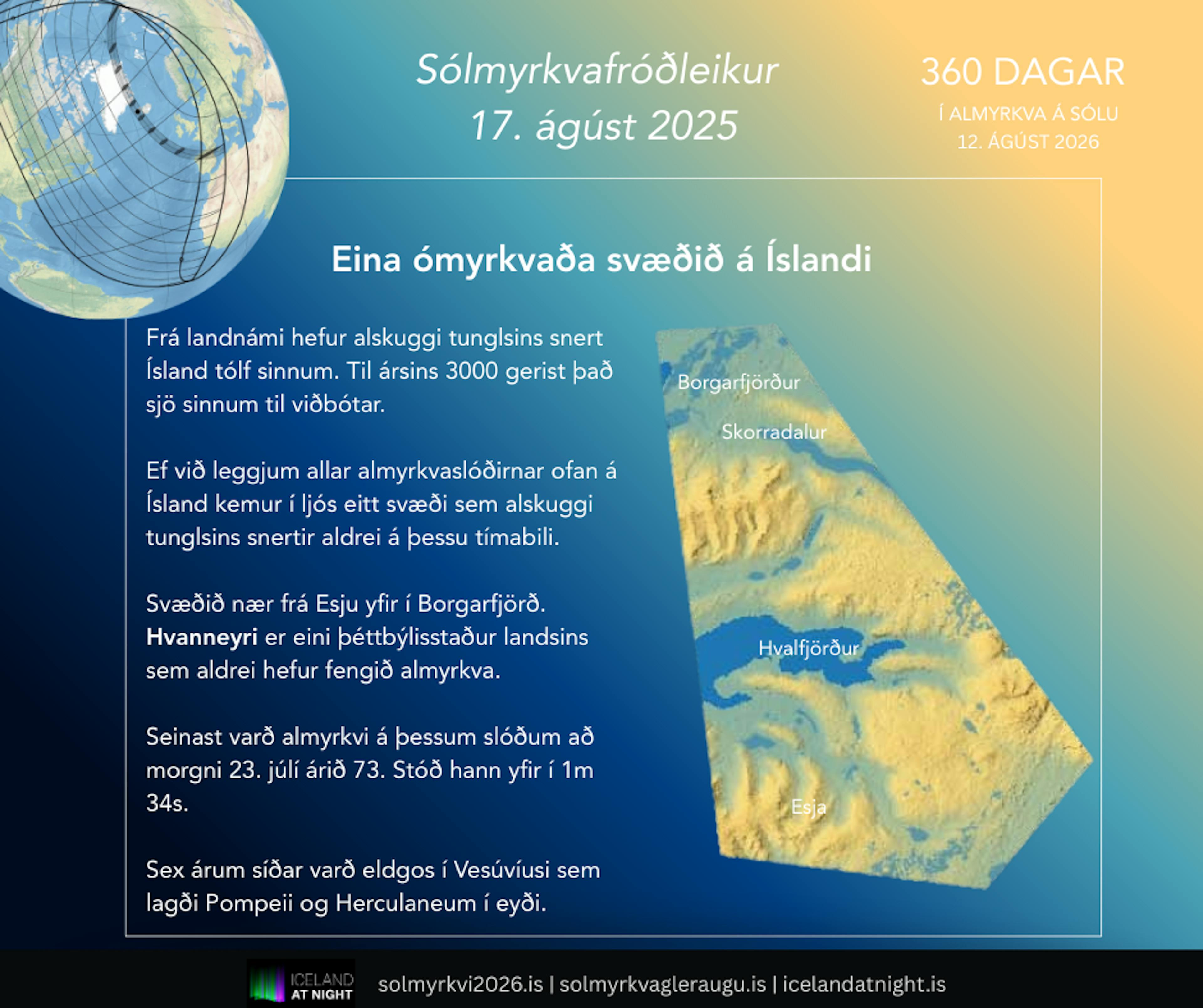 Sólmyrkvafróðleikur - Sunnudagurinn 17. ágúst 2026 