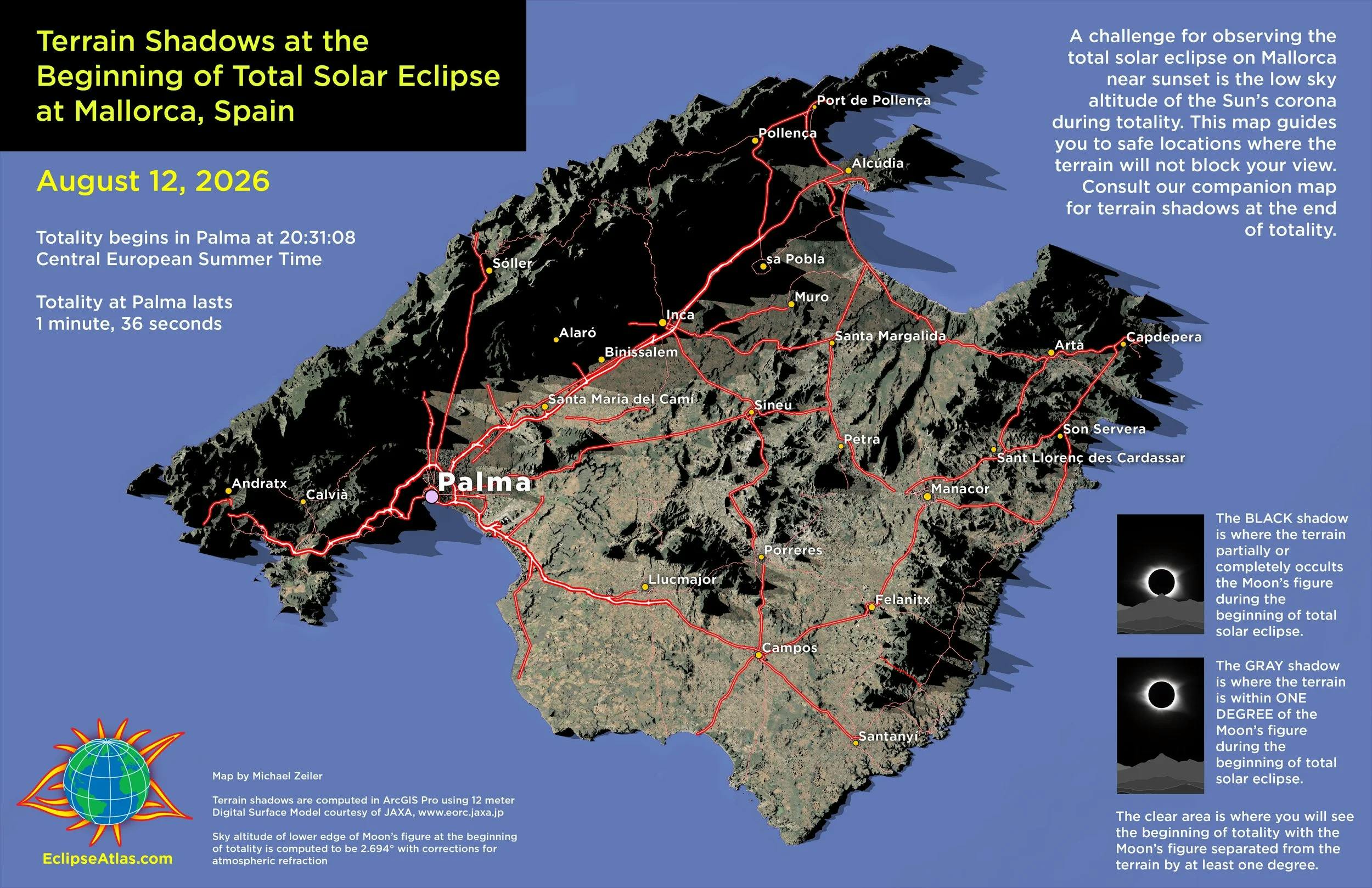 Skuggar af landslagi á Mallorca 12. ágúst 2026. Mynd: EclipseAtlas.com / Michael Zeiler