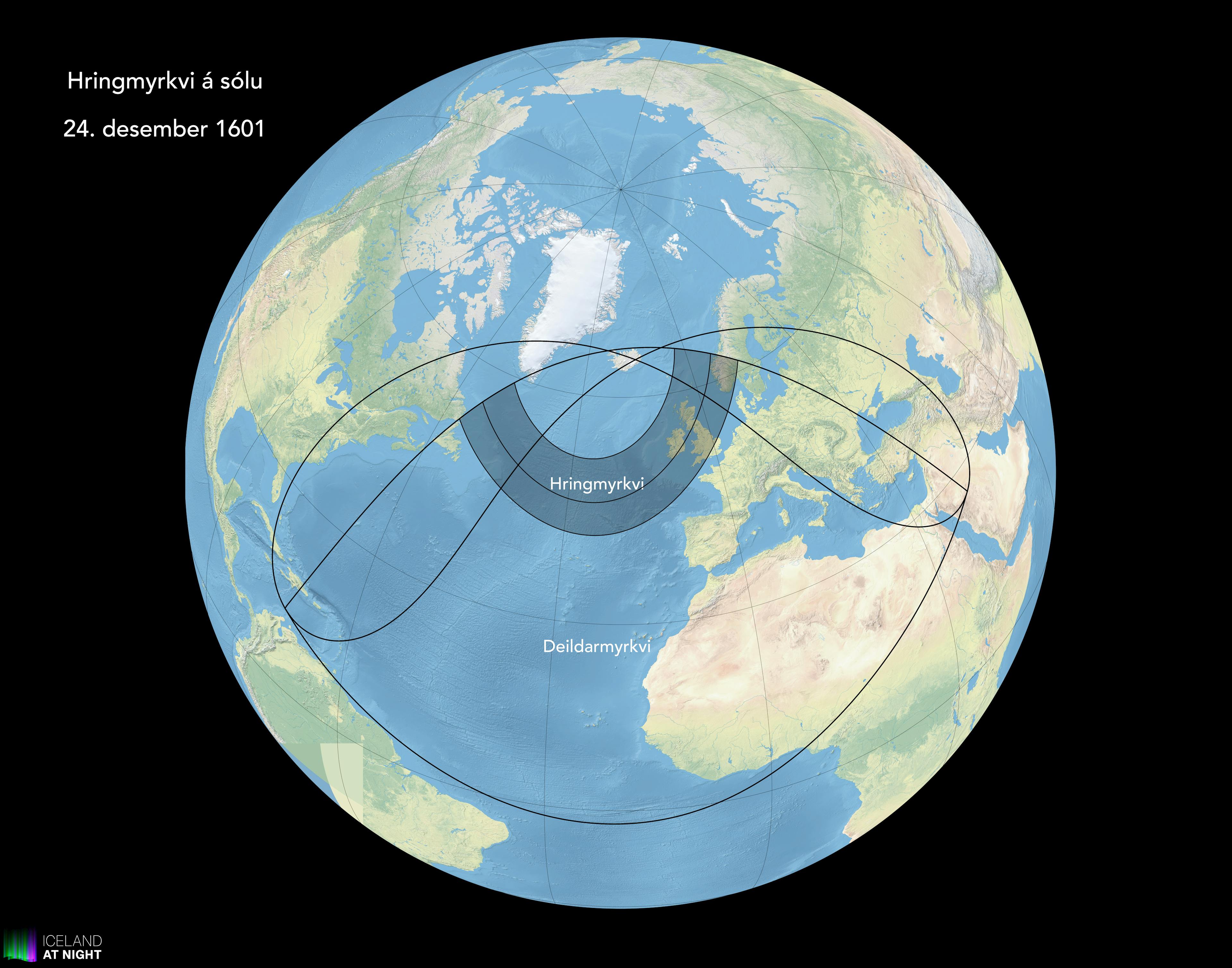 Hringmyrkvi á sólu 24. desember 1601. Mynd: Andreas Dill & Sævar Helgi Bragason / icelandatnight.is / solmyrkvi2026.is