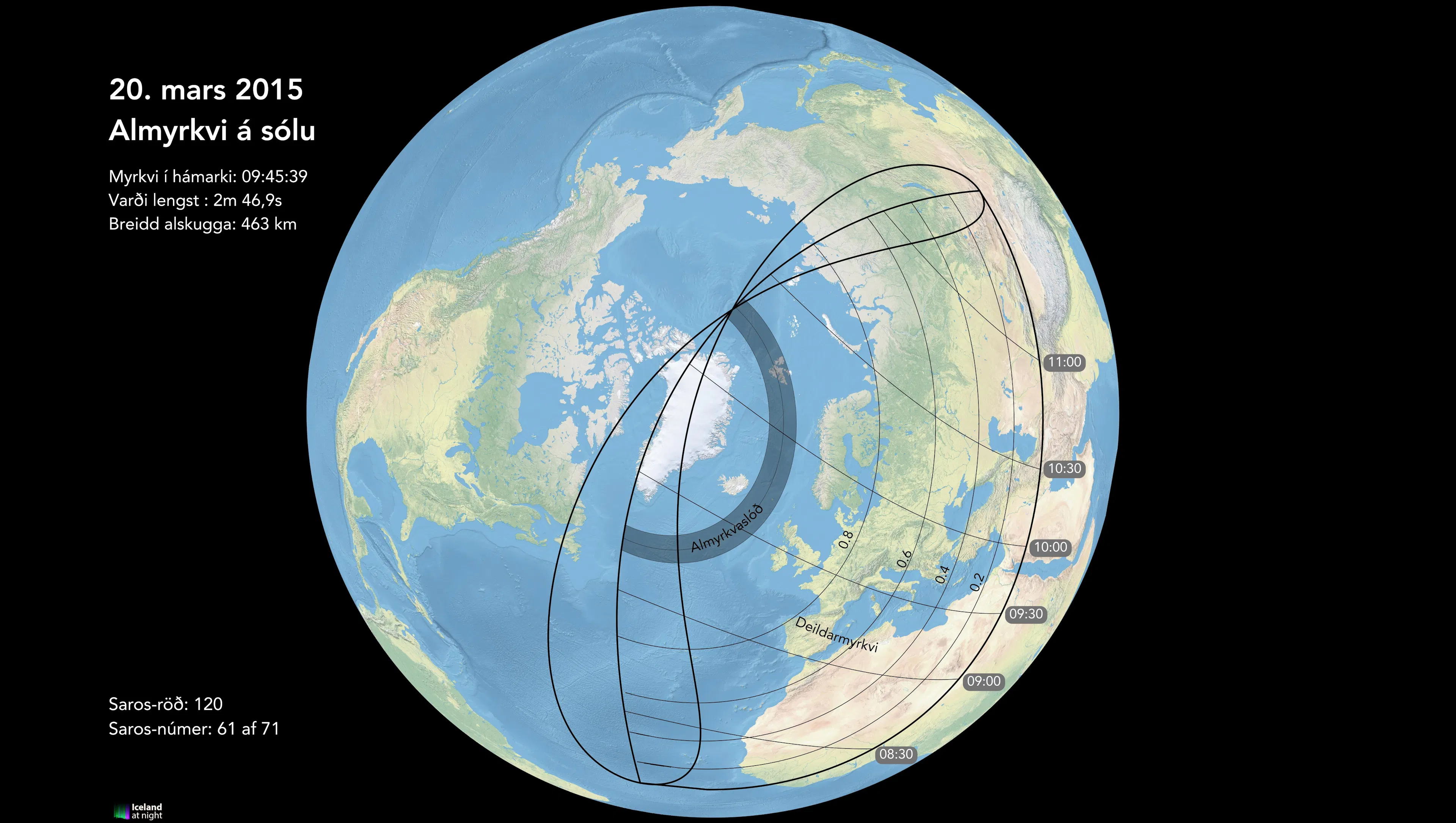 Sólmyrkvinn 20. mars 2015. Mynd: Andreas Dill & Sævar Helgi Bragason / solmyrkvi2026.is