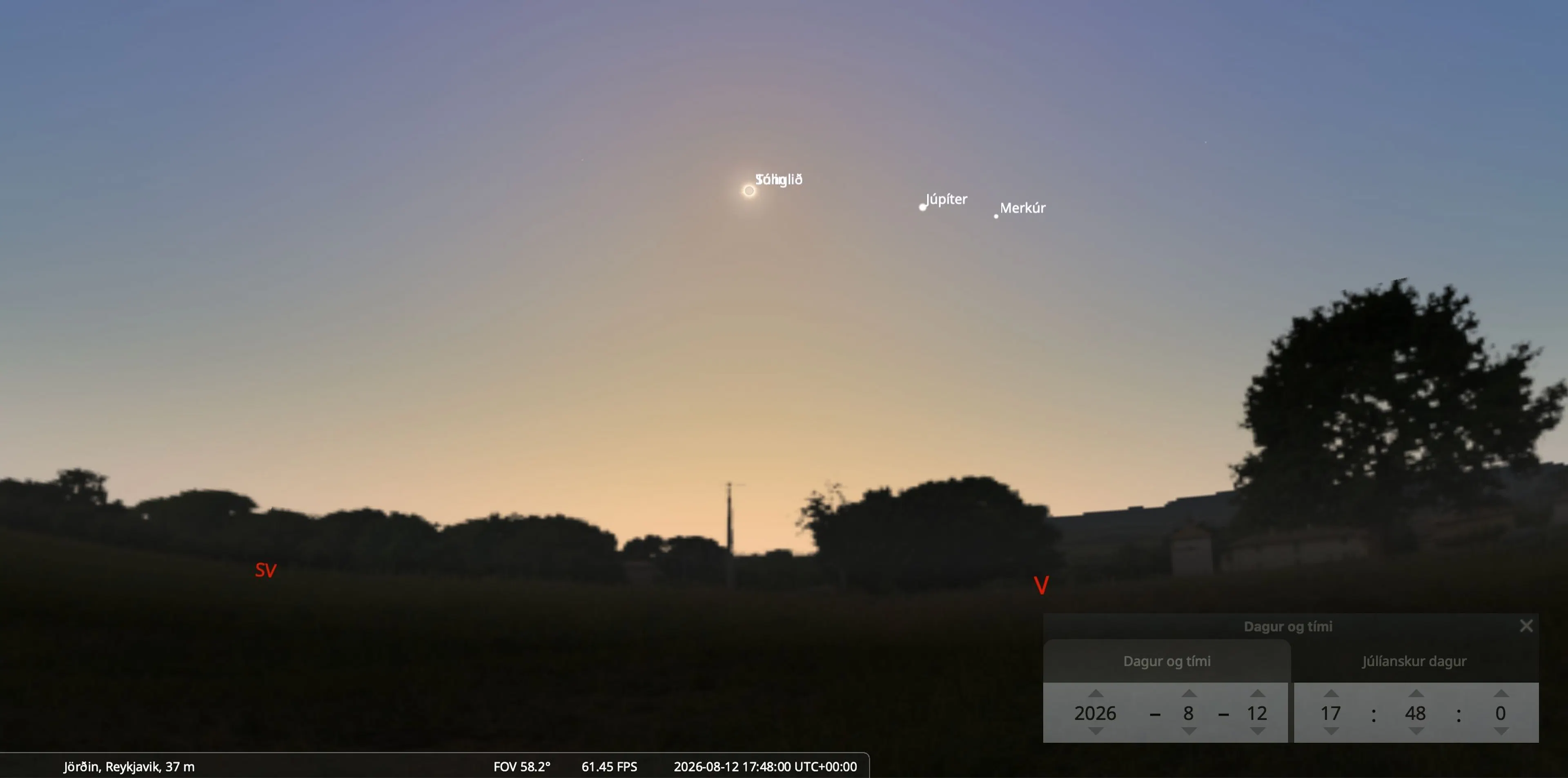 Staðsetning sólar á himni 12. ágúst 2026