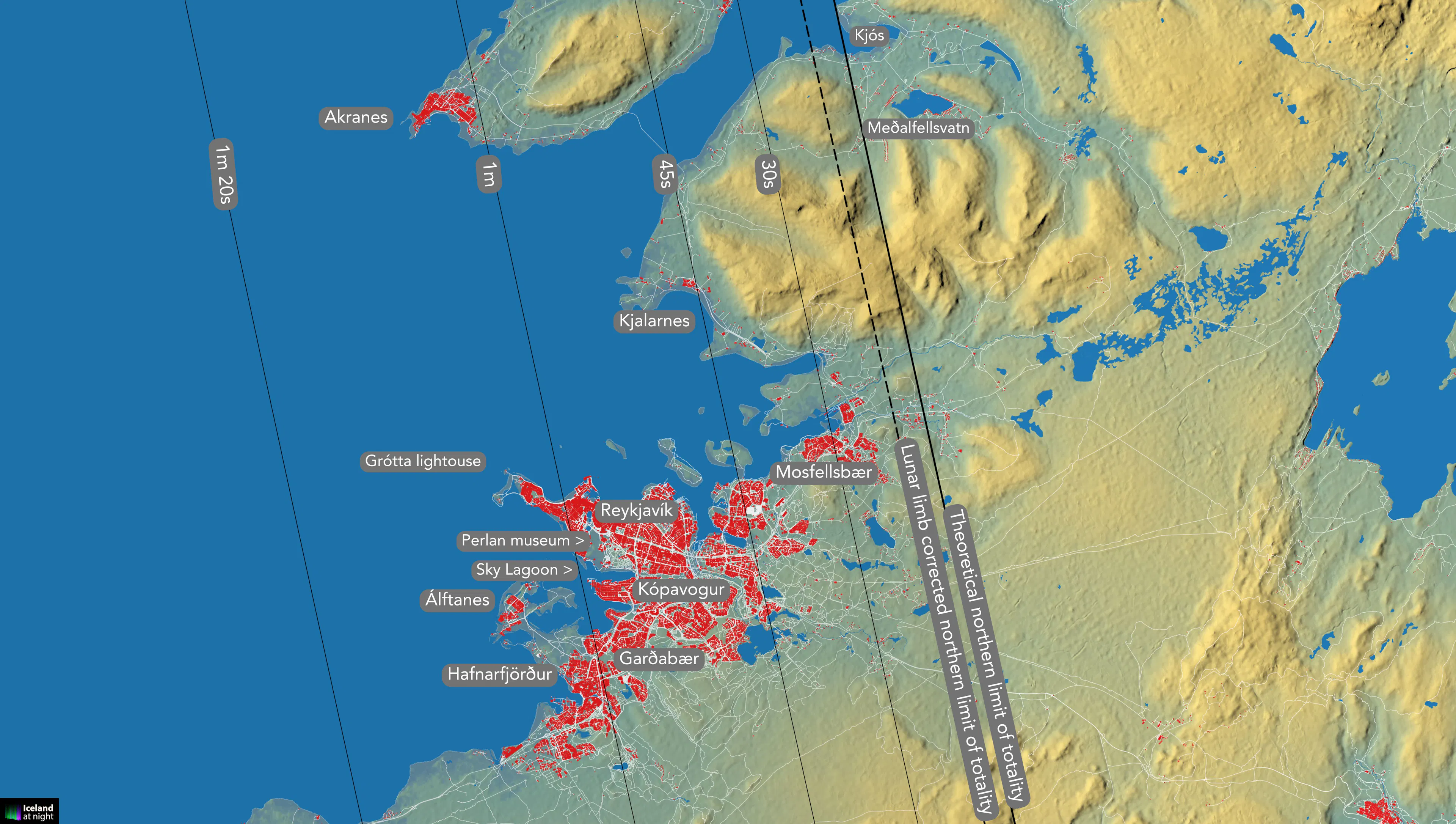 Lunar limb corrected limit of the August 12, 2026 total solar eclipse in Reykjavik, Iceland.