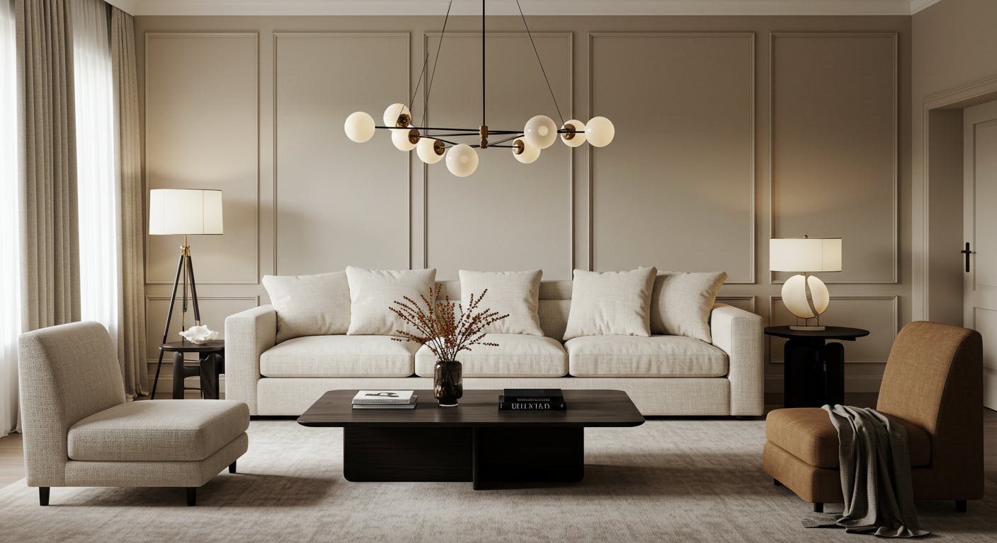 Luxurious neutral-toned living room with minimalist design and high-end furniture.